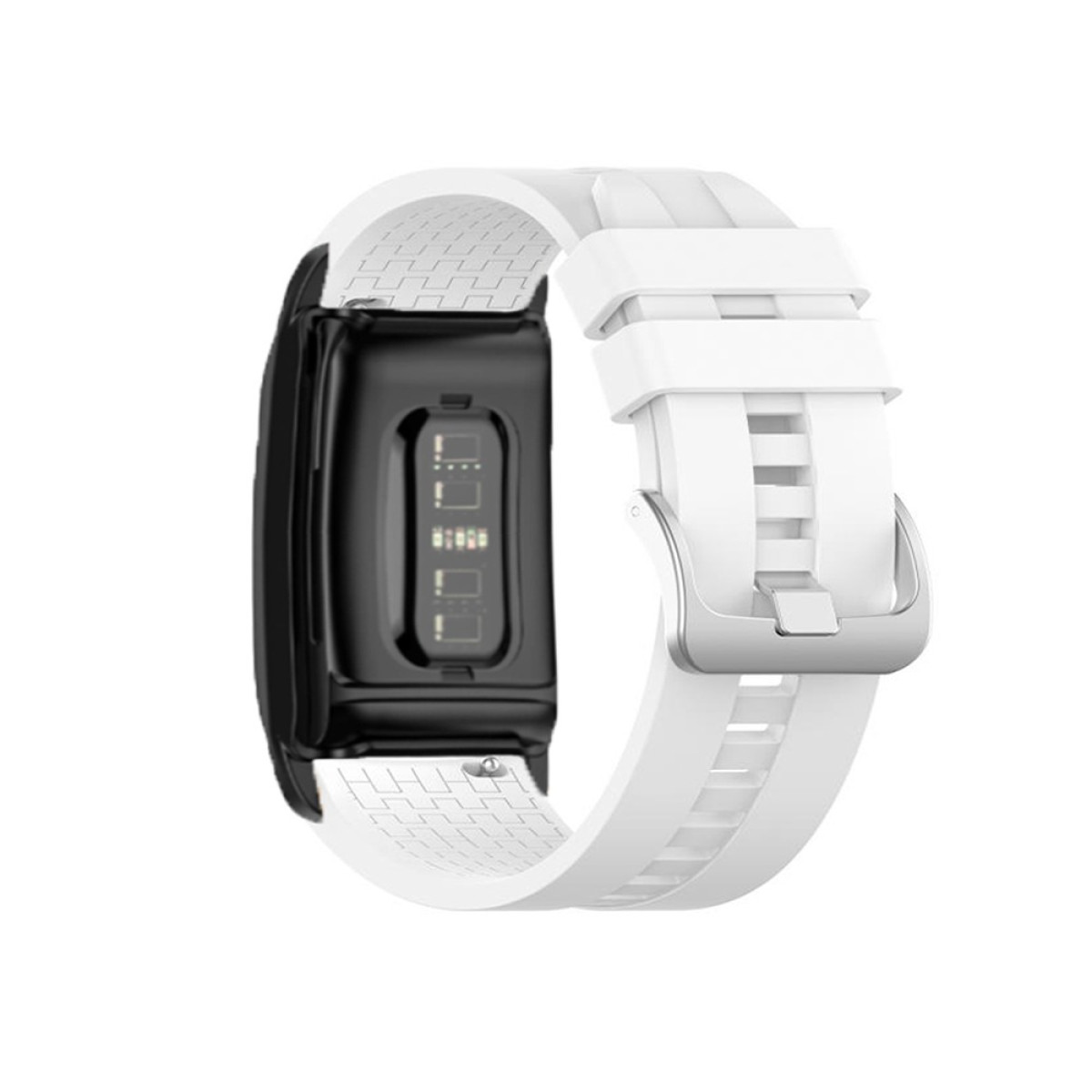 Ein weiß-schwarzer Fitness-Tracker. Das Armband ist weiß, der Tracker ist schwarz mit Display. Eine silberne Schnalle ist vorhanden.