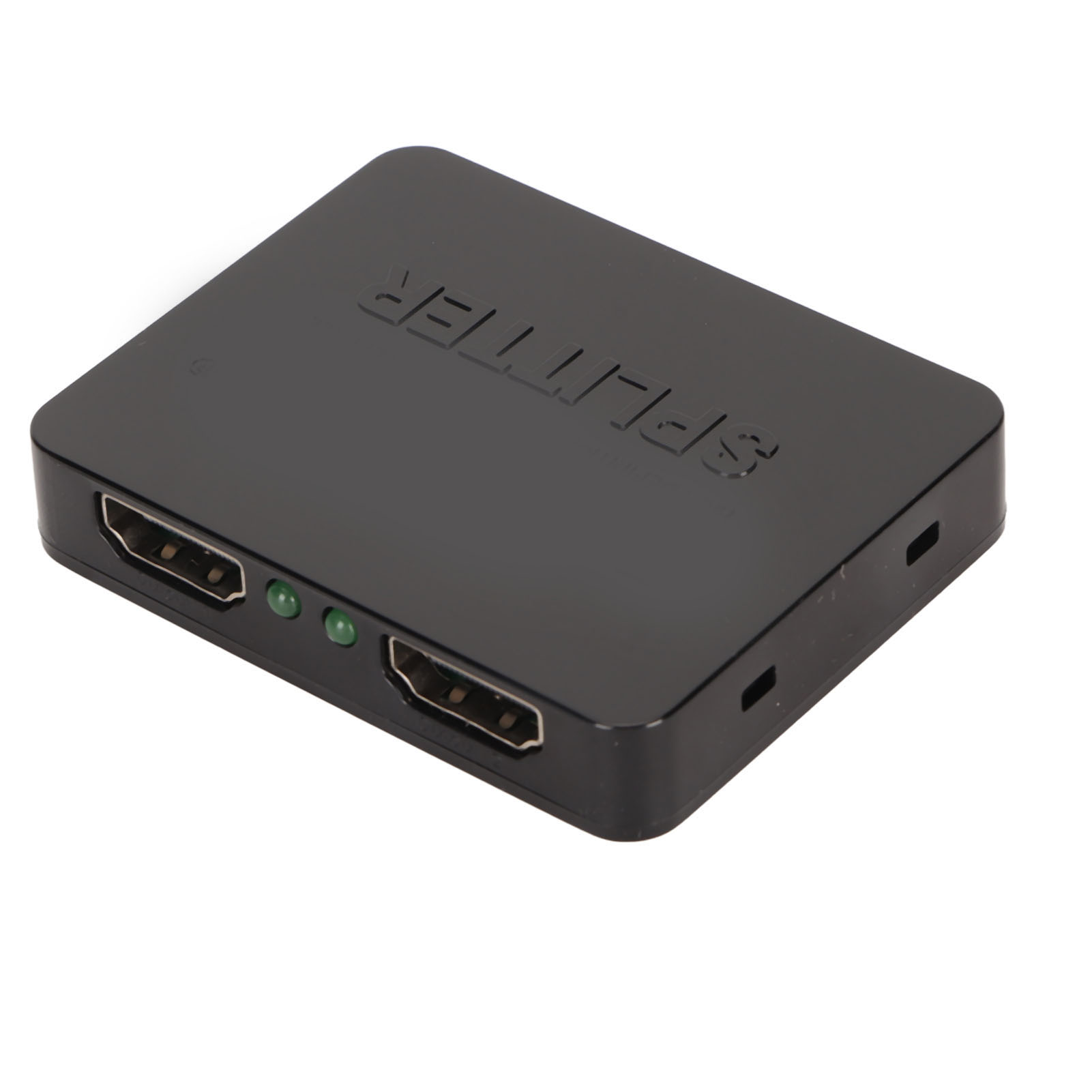 Ein schwarzer HDMI-Splitter mit Anschlüssen und Kontrollleuchten. Das Wort 'SPLITTER' ist oben sichtbar.
