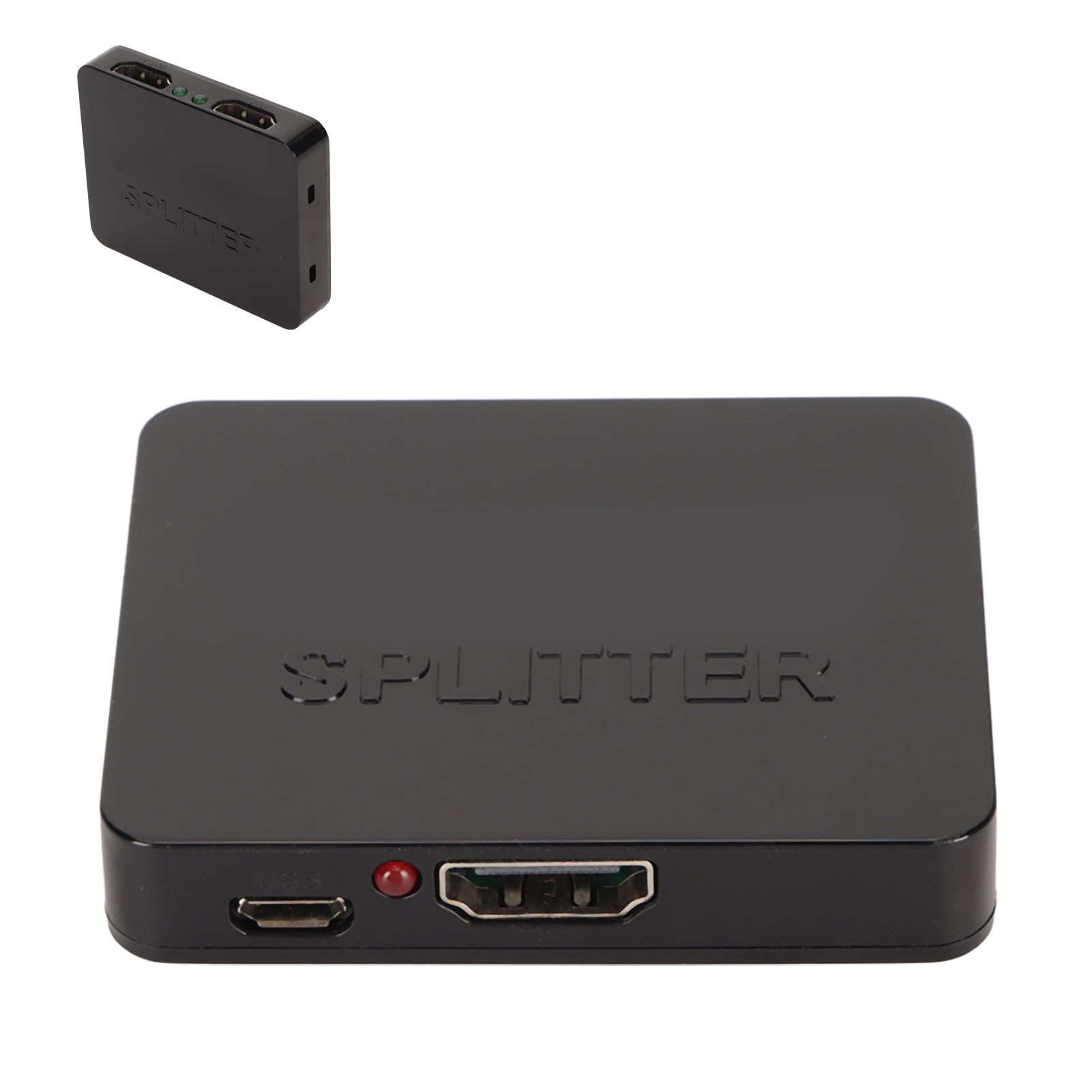 Ein schwarzer HDMI-Splitter mit zwei HDMI-Anschlüssen oben und einem HDMI-Anschluss und einem Micro-USB-Anschluss vorne. Das Wort SPLITTER steht oben.