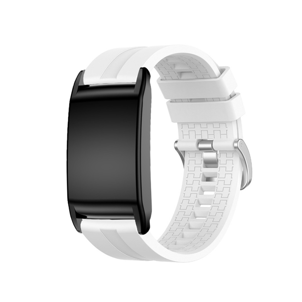 Ein weißes und schwarzes Smartwatch-Armband. Das Zifferblatt ist schwarz, das Armband ist weiß mit einer silbernen Schnalle. Isoliert auf weißem Hintergrund.