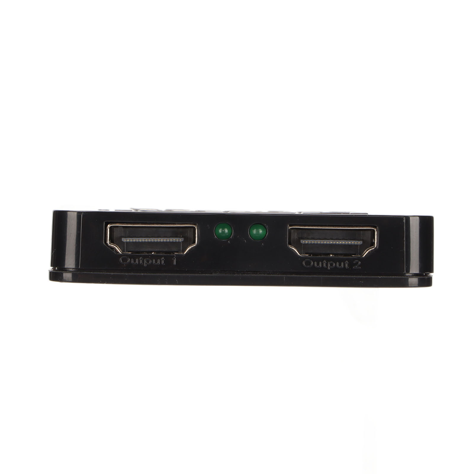 Schwarzer HDMI-Splitter mit zwei Ausgangsanschlüssen mit der Bezeichnung Ausgang 1 und Ausgang 2 sowie zwei grünen LED-Leuchten.