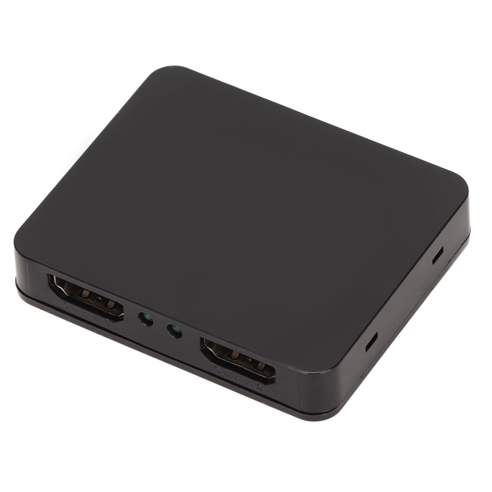 Ein schwarzer HDMI-Splitter, rechteckig mit abgerundeten Ecken. Er hat zwei HDMI-Anschlüsse und Kontrollleuchten.