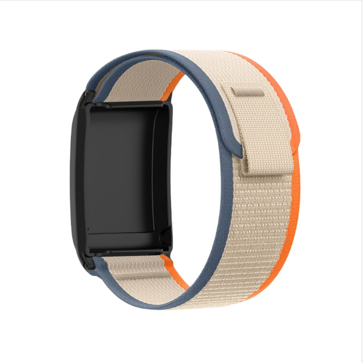 Un fitness tracker nero con cinturino beige, blu e arancione è mostrato su sfondo bianco.