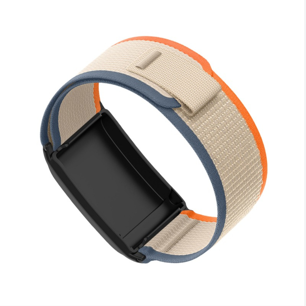 Un cinturino per smartwatch. Ha una cassa dell'orologio rettangolare nera, un cinturino beige con bordi arancioni e blu. Il cinturino è collegato alla cassa.