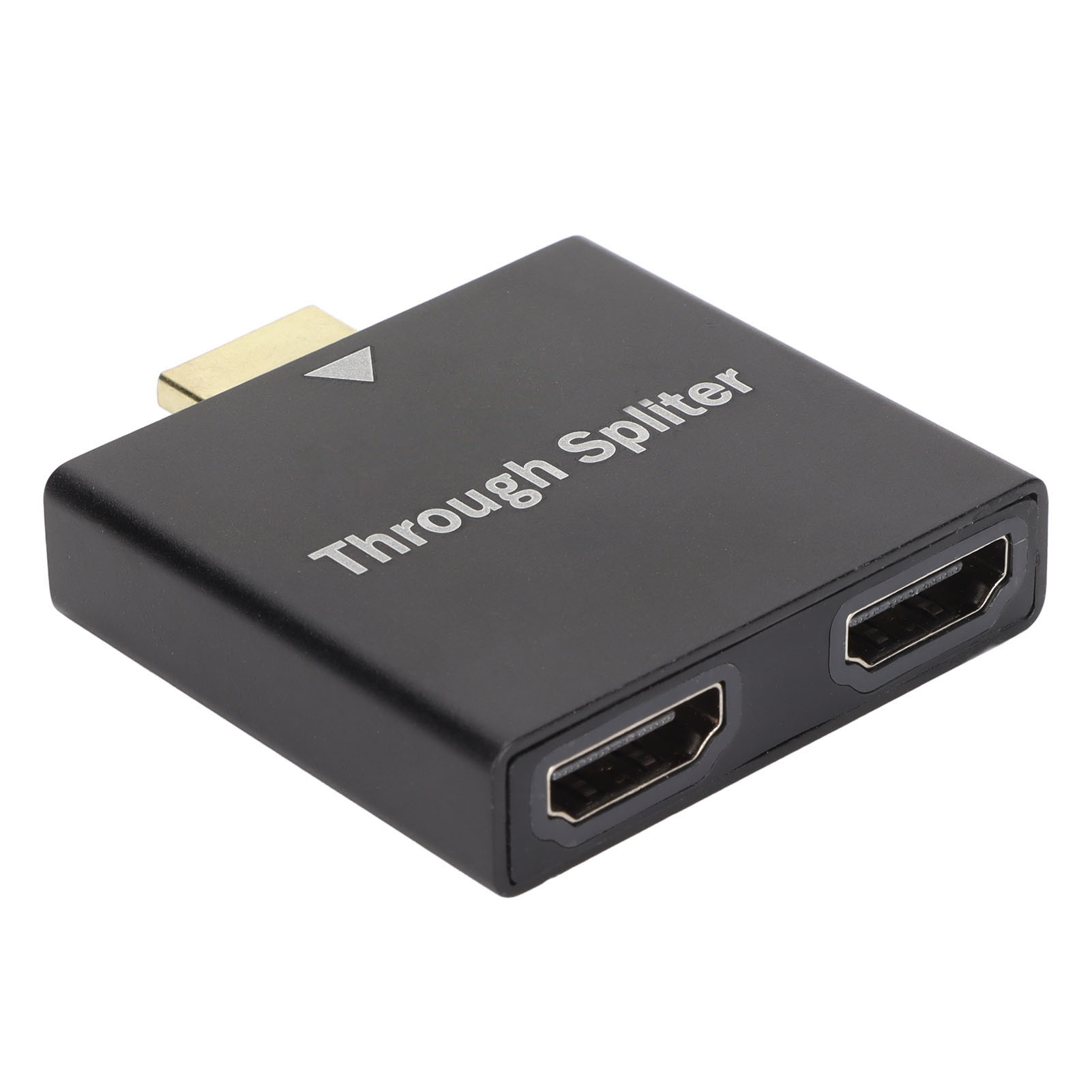 Schwarzer HDMI-Splitter mit der Aufschrift 'Through Splitter'. Er hat einen HDMI-Eingang und zwei Ausgänge. Der Hintergrund ist weiß.