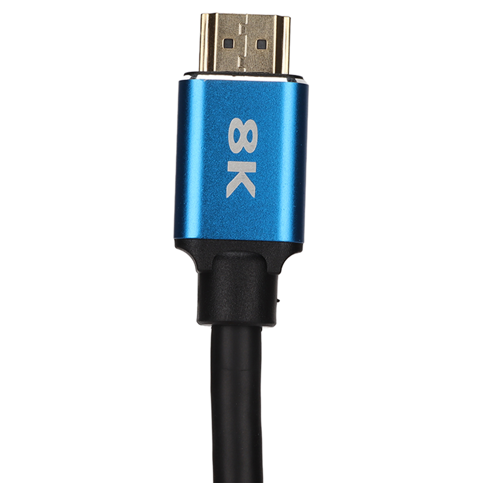 Ein 8K-HDMI-Kabel mit vergoldetem Stecker und blauem Gehäuse. Auf dem Gehäuse steht '8K'. Das Kabel ist schwarz.