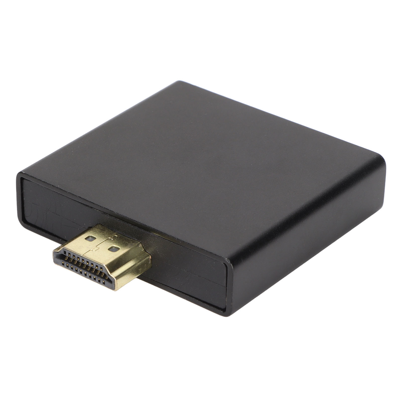 Ein schwarzer HDMI-Adapter mit einem goldfarbenen Stecker auf weißem Hintergrund.