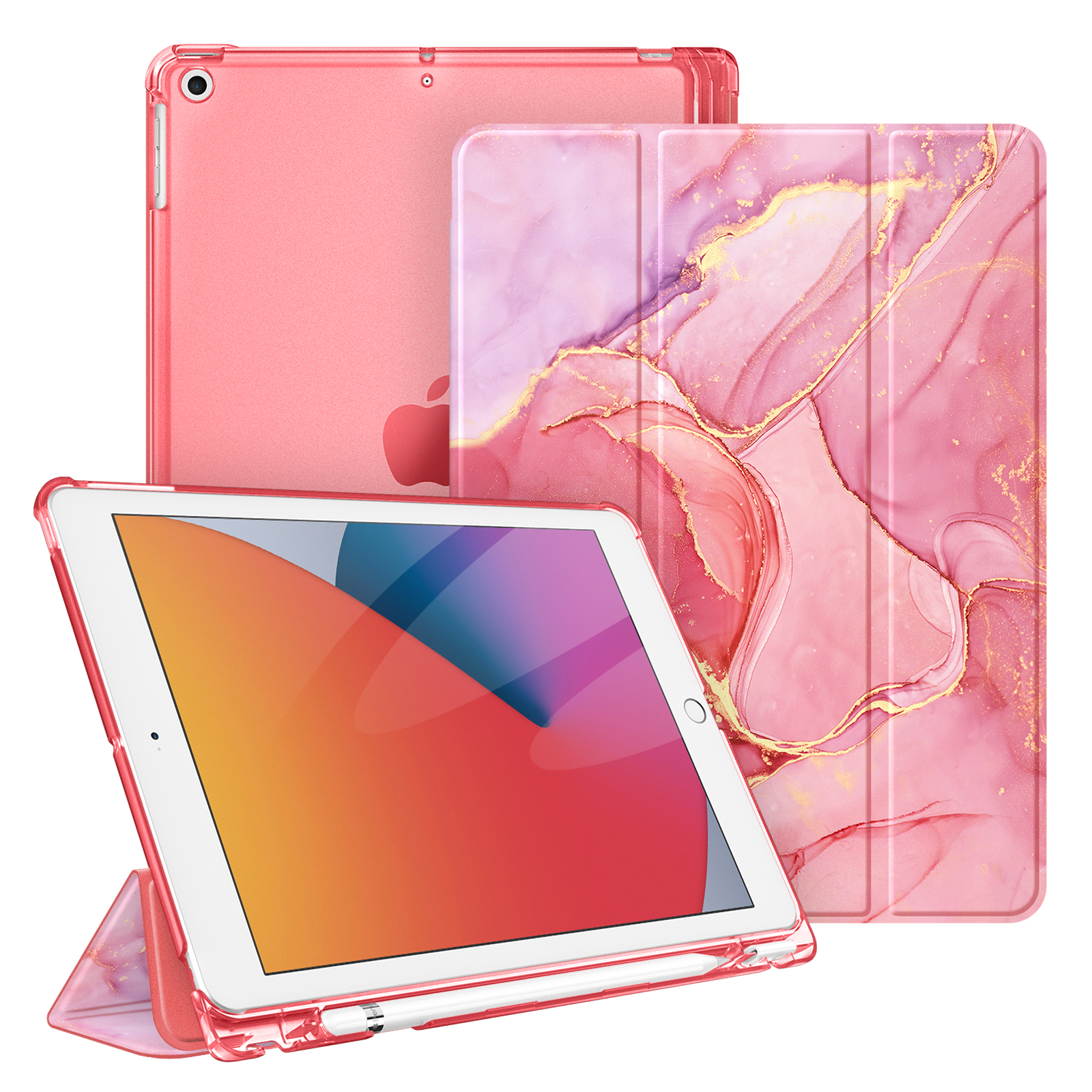 Rosa iPad mit Hüllen. Eines zeigt den Bildschirm, ein anderes ist mit einem Marmordesign geschlossen, das dritte ist einfarbig rosa.