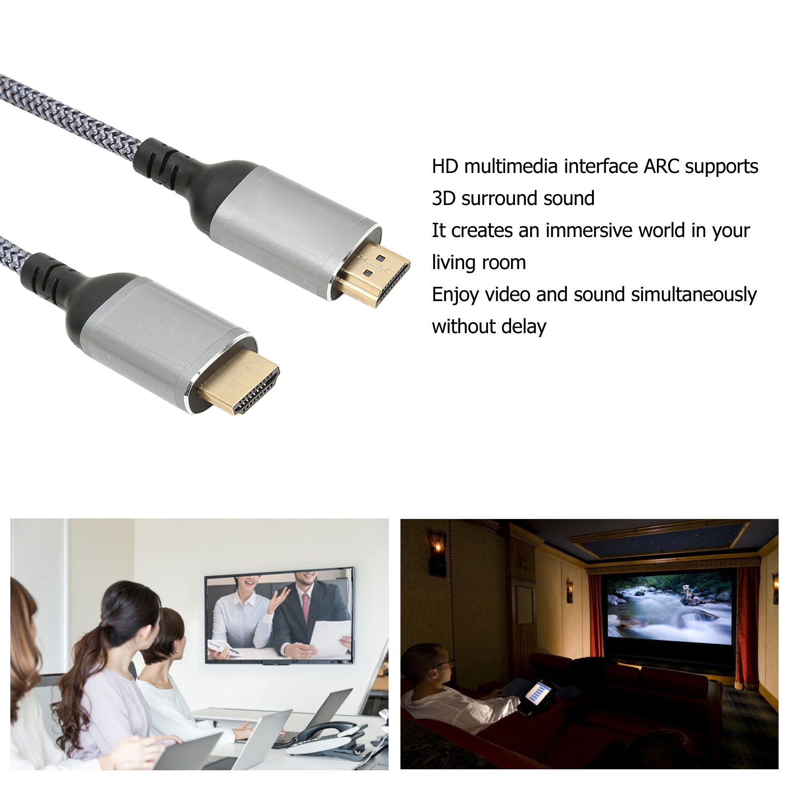 HDMI-Kabel mit silbernen Steckern und ein Foto von Personen, die einen Bildschirm betrachten, und einem Mann in einem Heimkino.