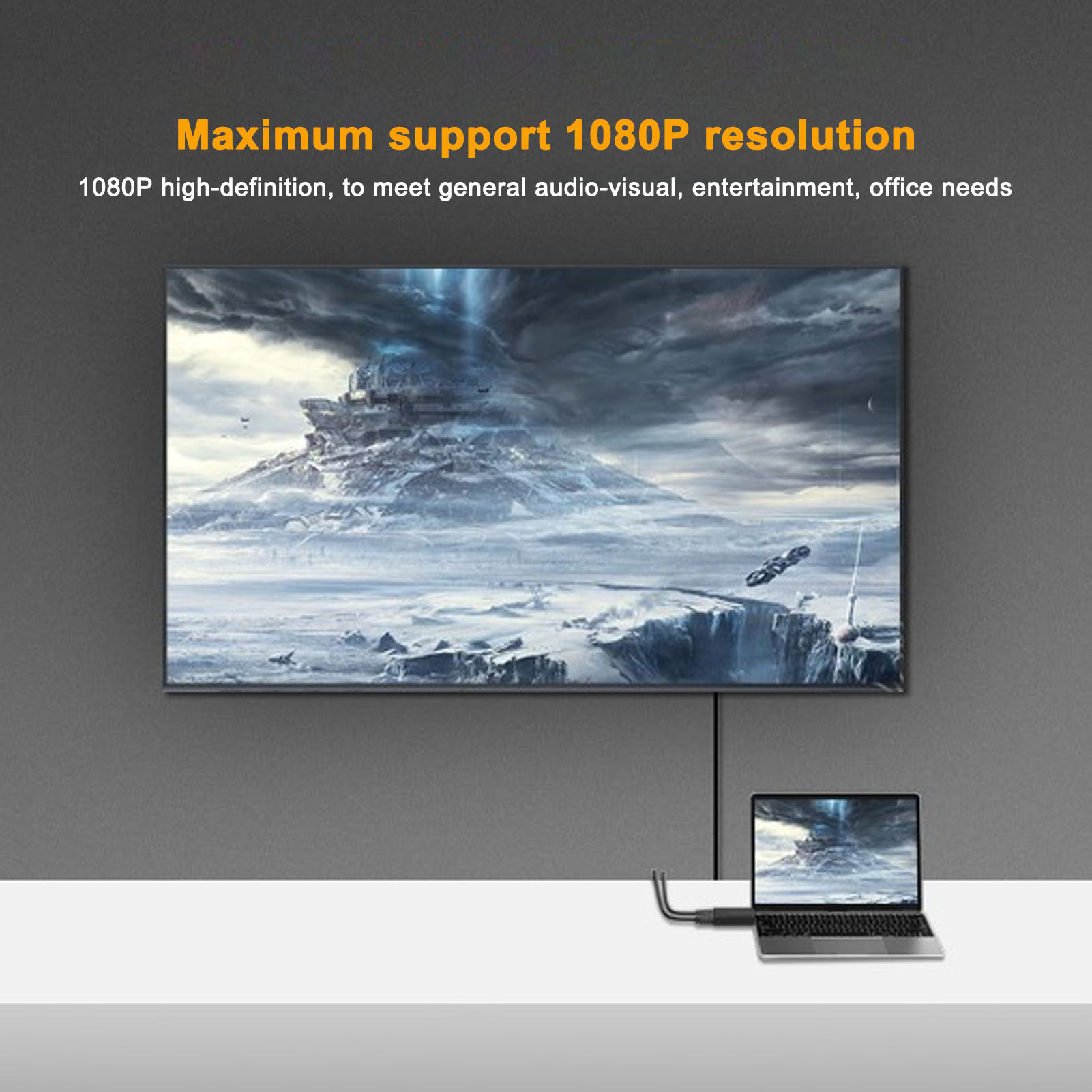 Ein Laptop, der mit einem Bildschirm verbunden ist, der eine verschneite Landschaft zeigt. Text oben lautet: "Maximale Unterstützung 1080P Auflösung".