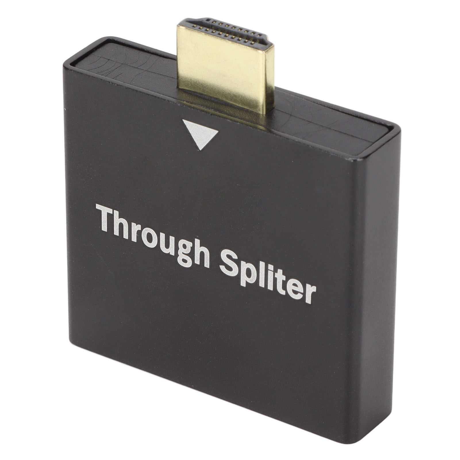 Ein schwarzer Durchgangsverteiler mit einem goldenen HDMI-Anschluss und einem weißen Pfeil. Auf der Vorderseite steht 'Through Splitter'.