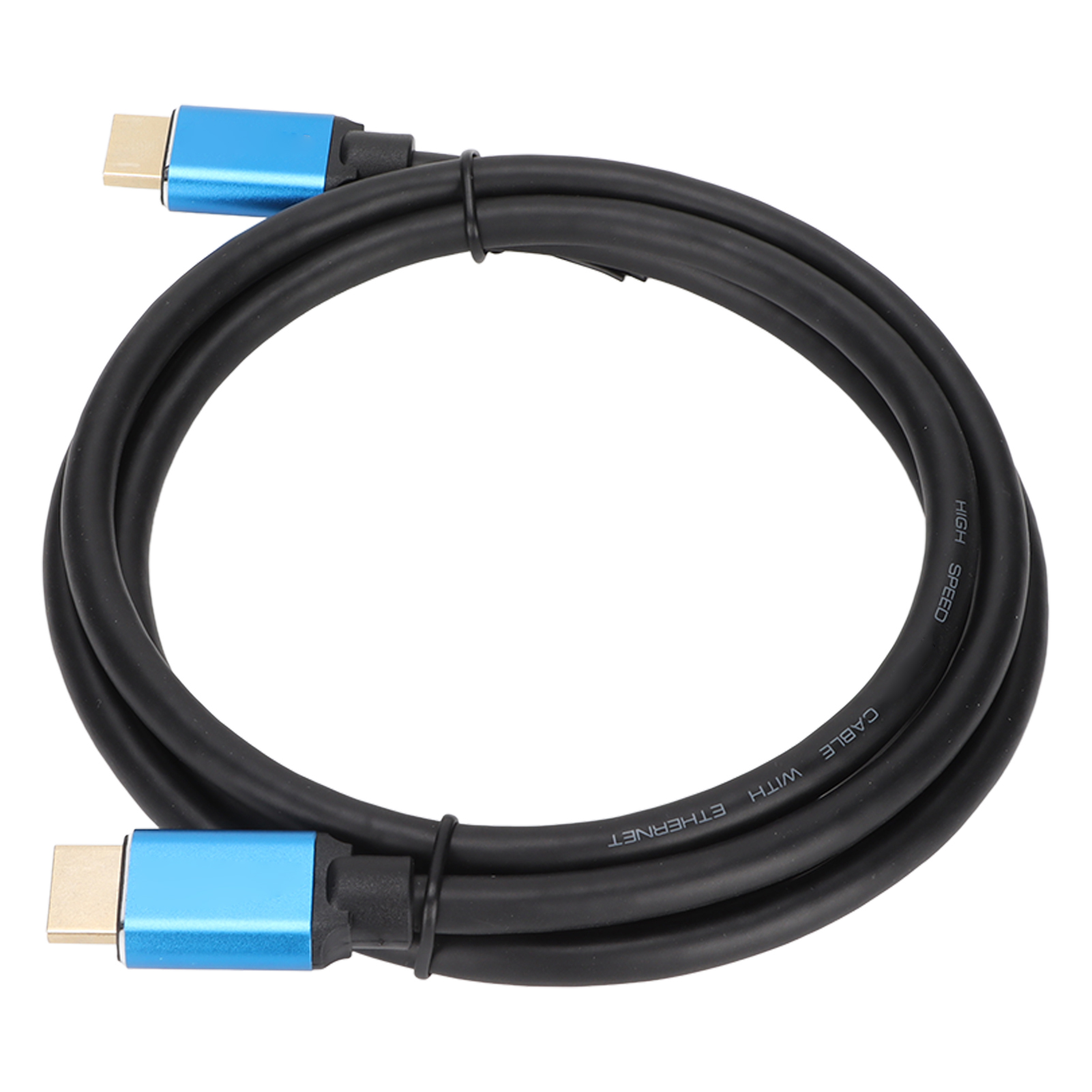 Ein schwarzes Kabel mit blauen Anschlüssen. Es ist mit 'CABLE WITH ETHERNET' und 'HIGH SPEED' beschriftet.