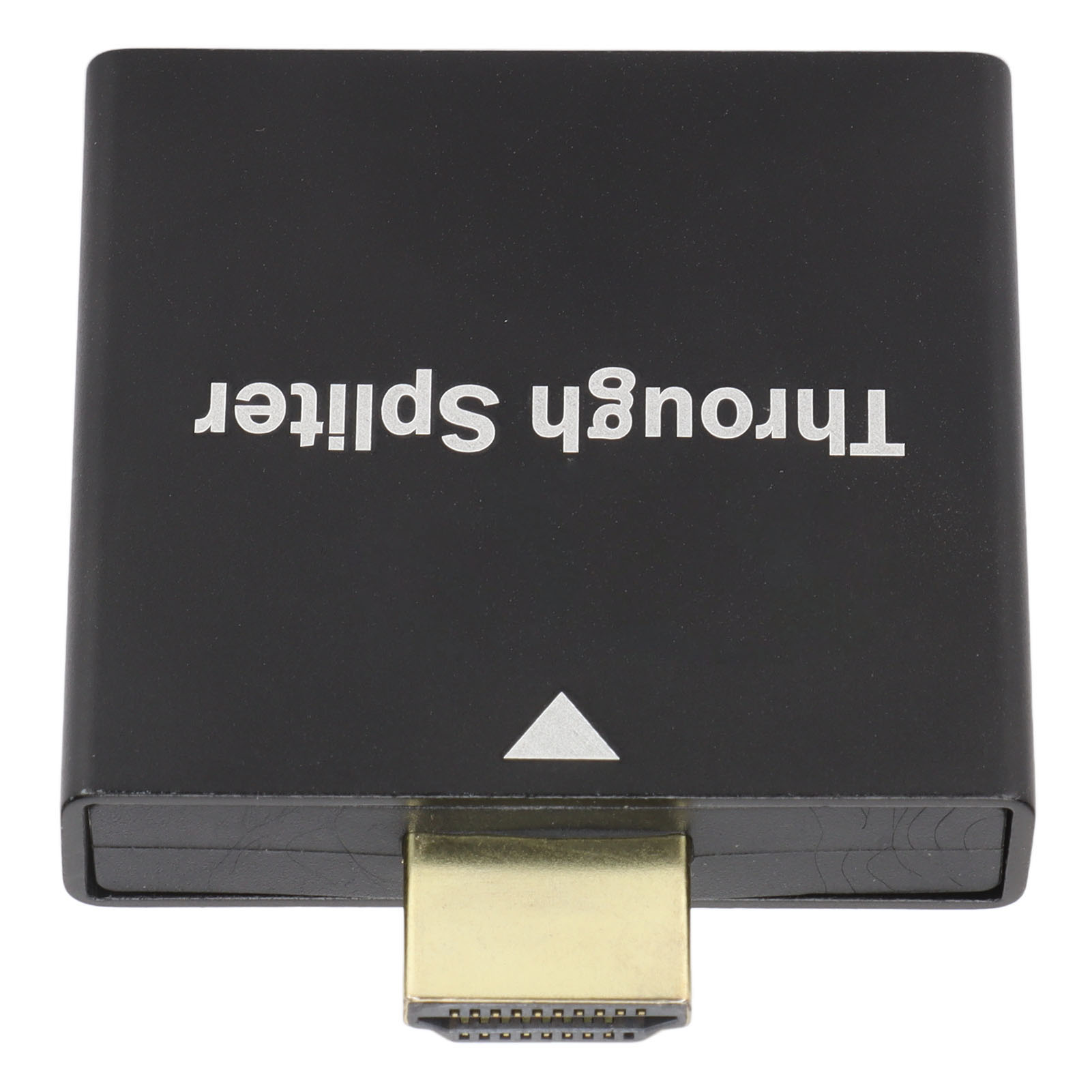 Schwarzer Through Splitter mit goldenem HDMI-Anschluss. Weißes Dreieck zeigt die Richtung an.