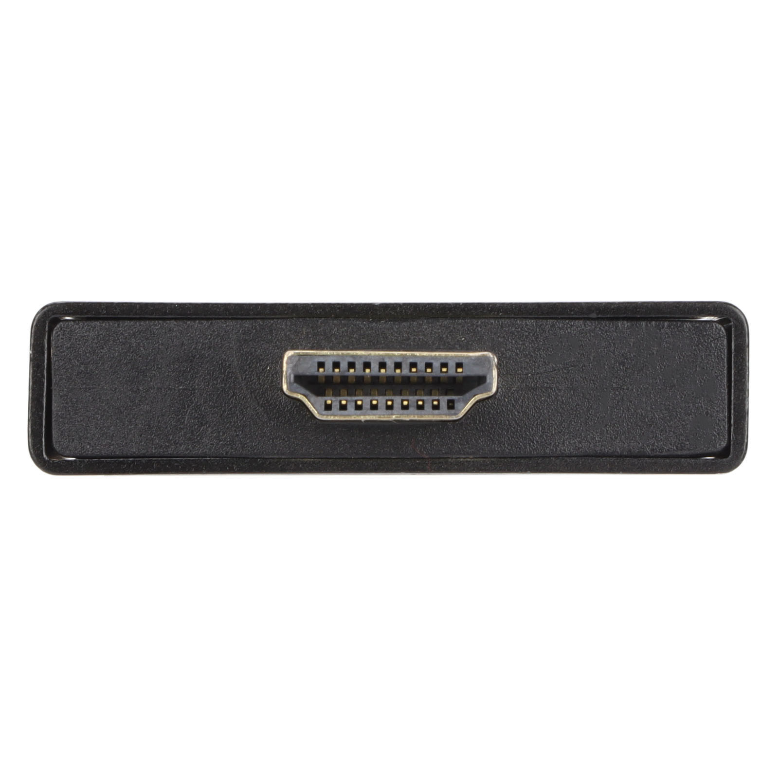 Ein schwarzer HDMI-Anschluss an einem schwarzen Gerät, zentriert auf weißem Hintergrund. Der Anschluss ist silber mit kleinen Pins.