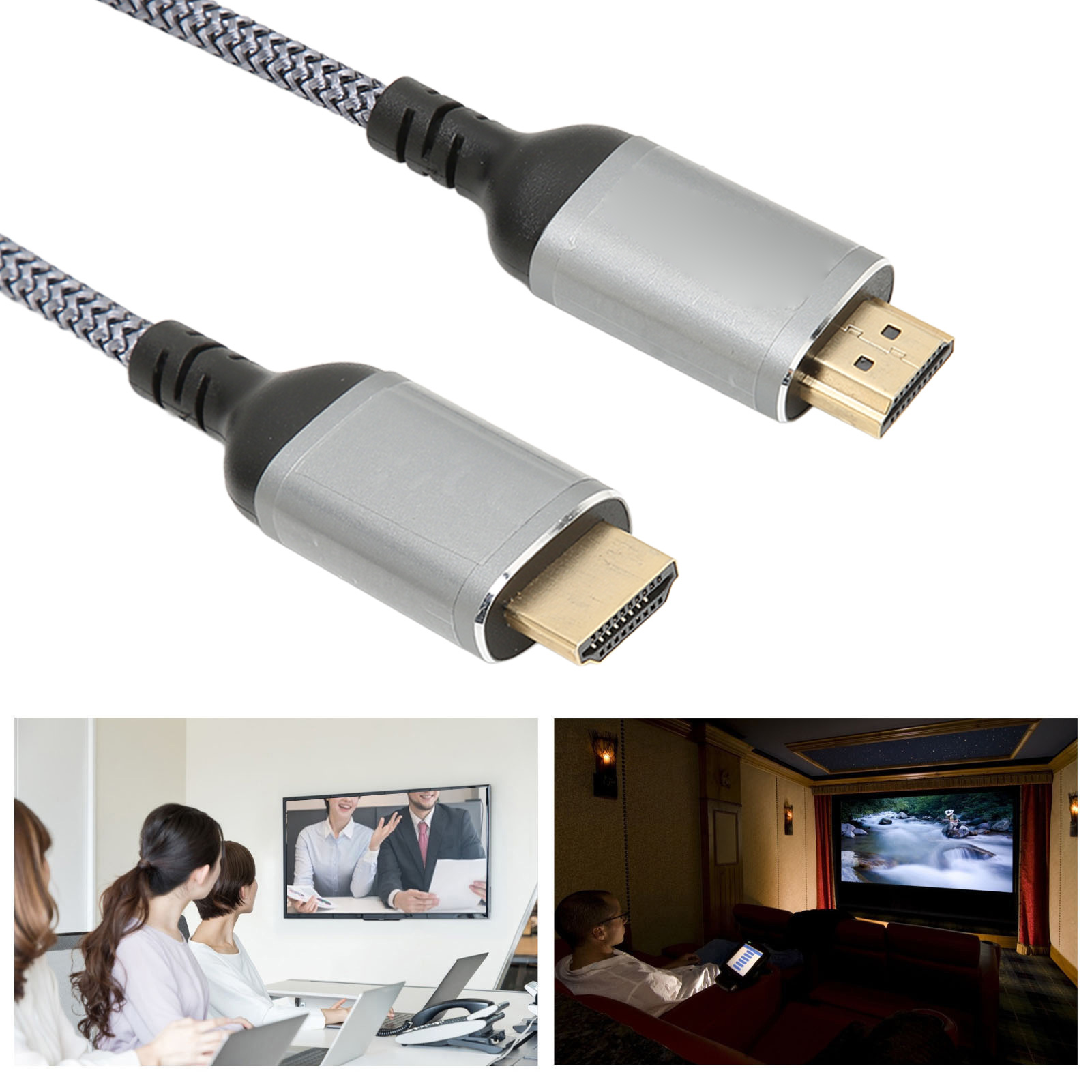 HDMI-Kabel mit silbernen Steckern. Menschen sehen einen Fernsehbildschirm. Eine Person schaut sich im Heimkino einen Film auf einem Tablet an.