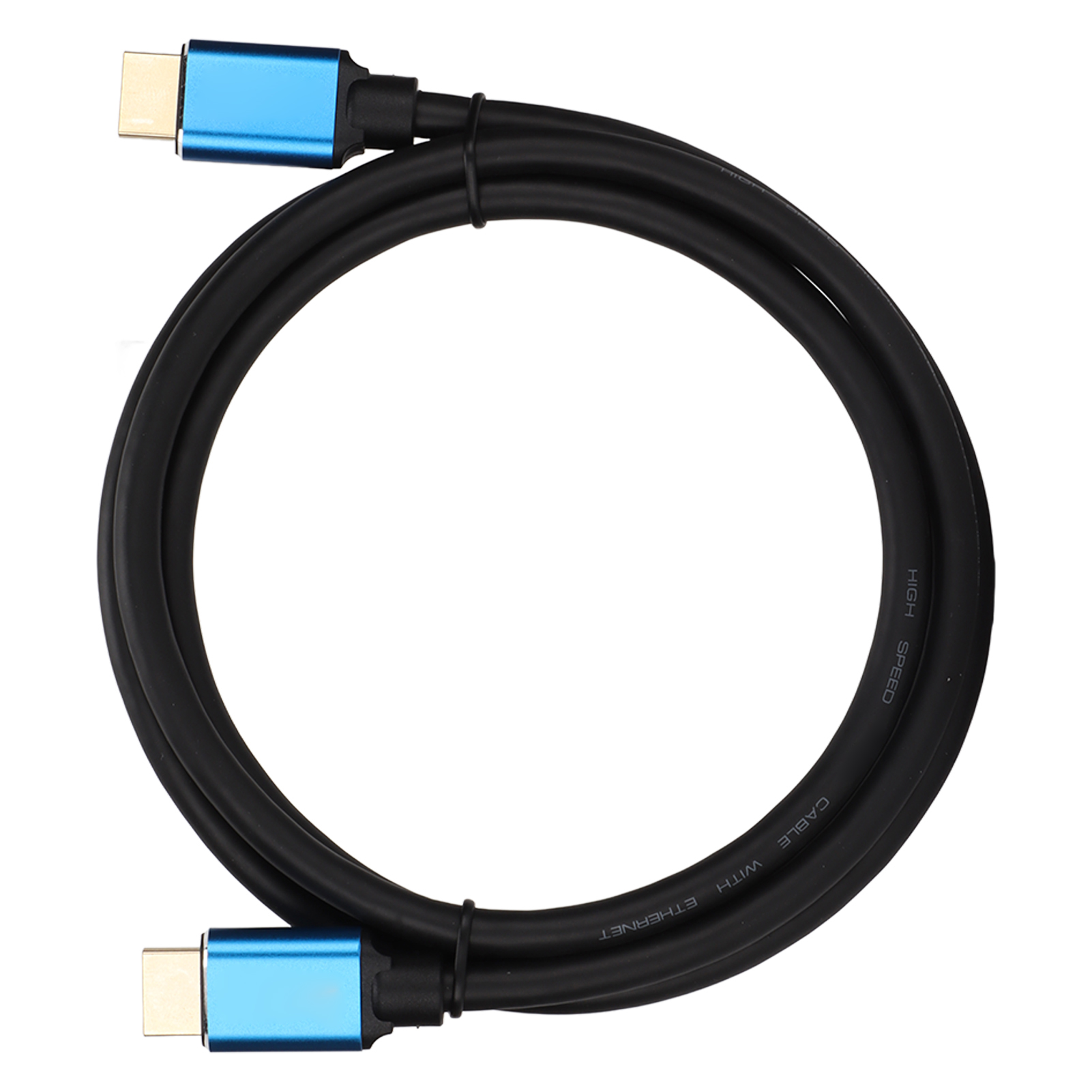 Schwarzes Kabel mit zwei blauen Steckern. Das Kabel ist zu einem Kreis gebogen. Weißer Hintergrund.