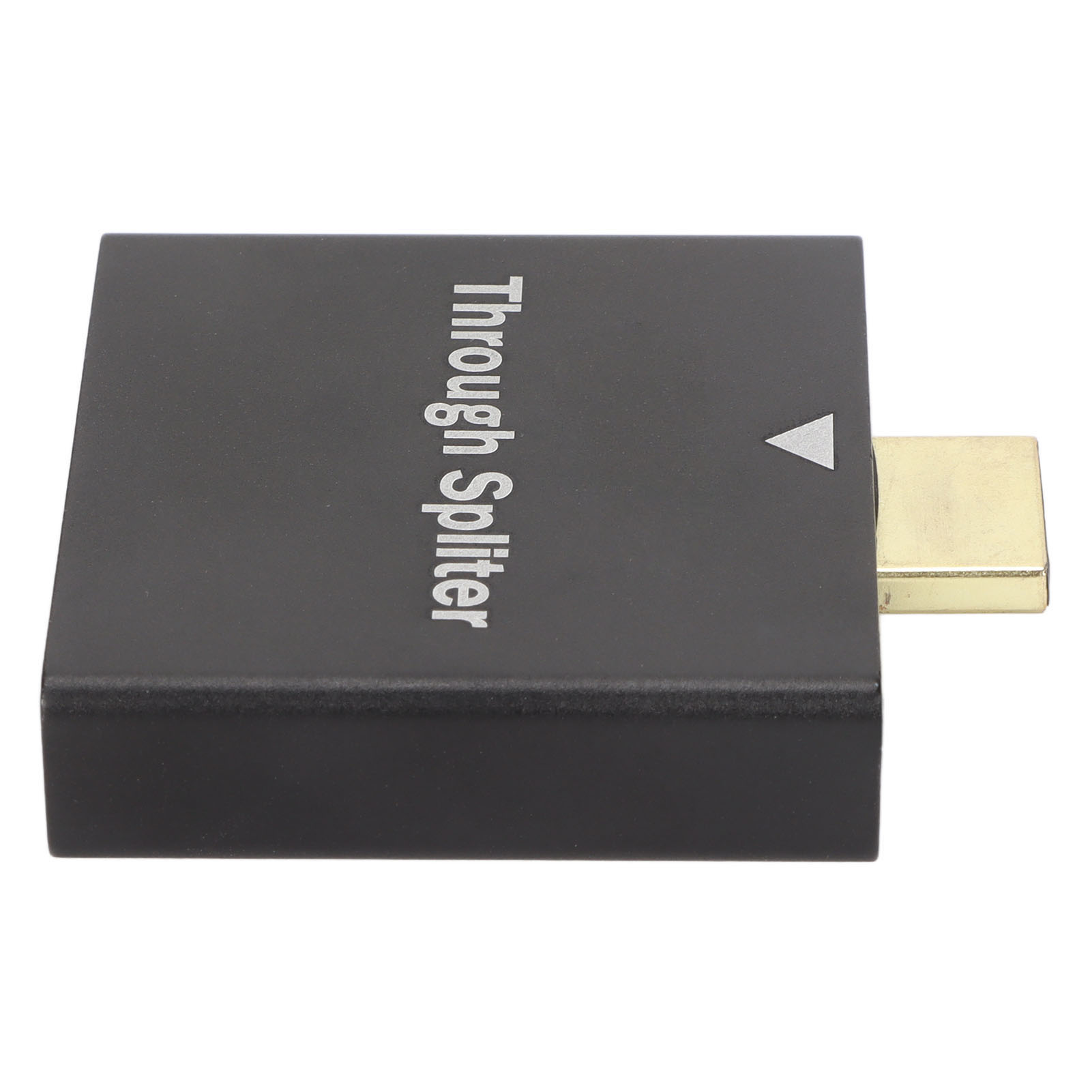 Schwarzer Durchgangs-Splitter mit einem Goldstecker und weißem Hintergrund. Der Text ist weiß.