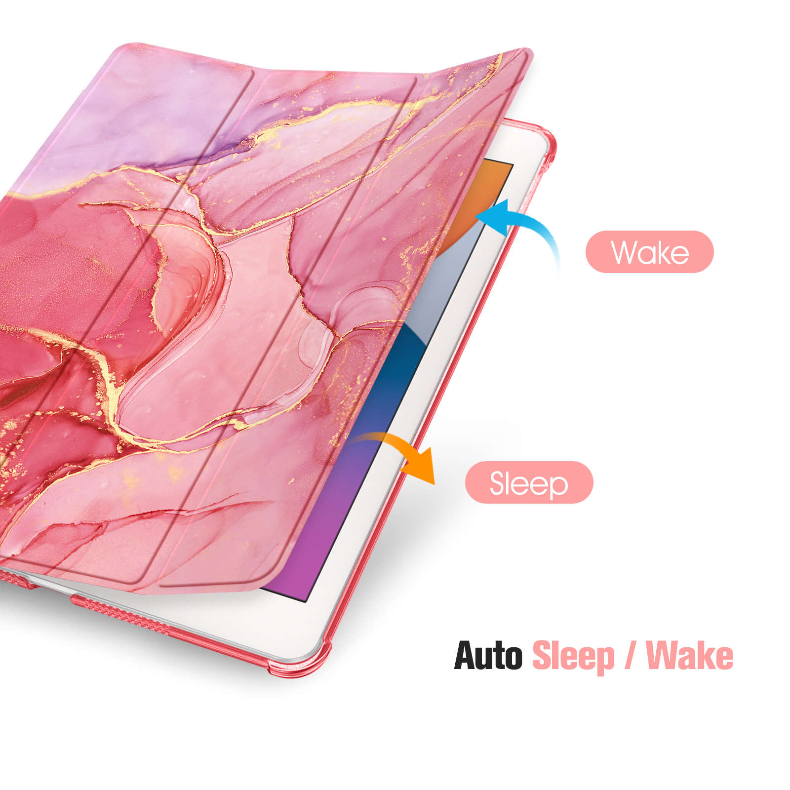 Rosa Marmor-Tabletfach mit Goldakzenten. Pfeile zeigen Weck- und Schlaf-Funktionen an. Text lautet Auto Sleep/Wake.