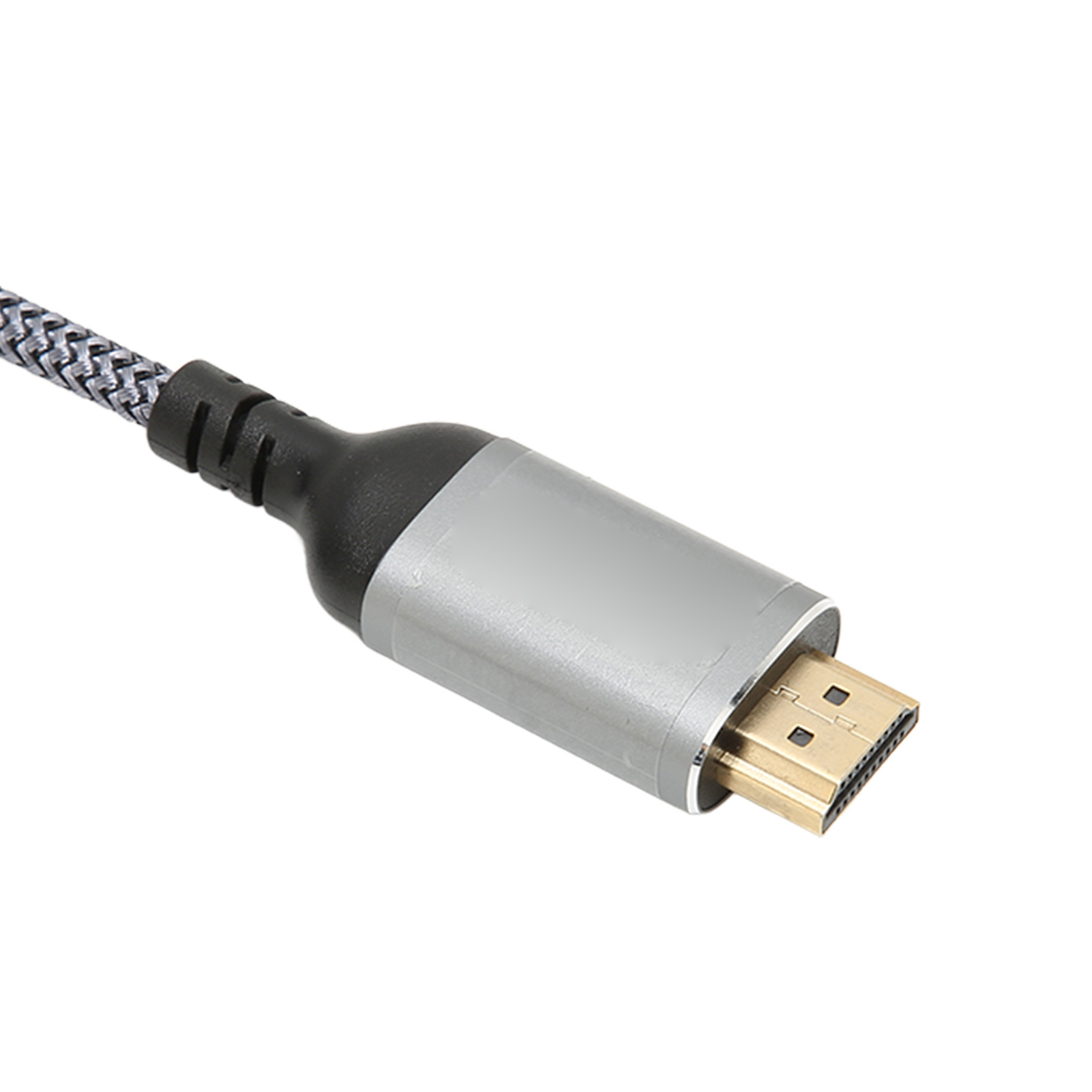 Ein HDMI-Kabel mit silbernem Stecker und einem schwarz-grauen geflochtenen Kabel, vergoldetes Steckerende, isoliert auf Weiß.