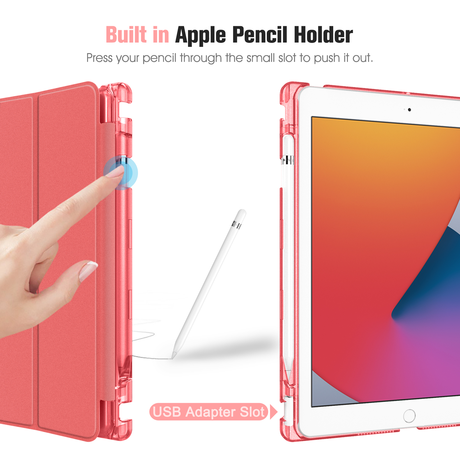 Eine Hand drückt einen Stift in ein rosa Gehäuse, neben einem iPad. Text: Eingebauter Apple Pencil Halter, USB-Adapter-Steckplatz.