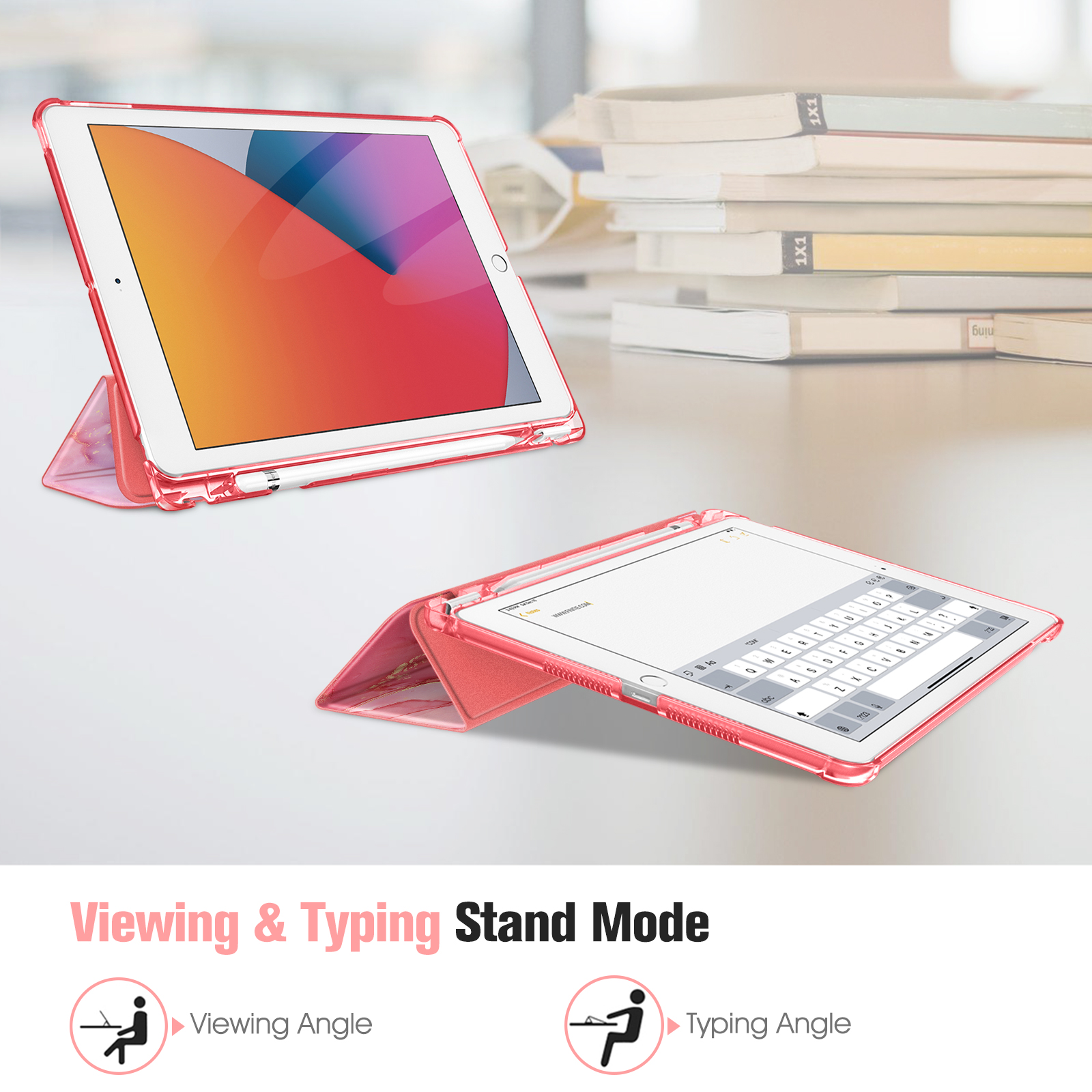 Zwei iPads in Hüllen, eines im Betrachtungswinkel, das andere im Schreibwinkel. Hintergrund zeigt Bücher.