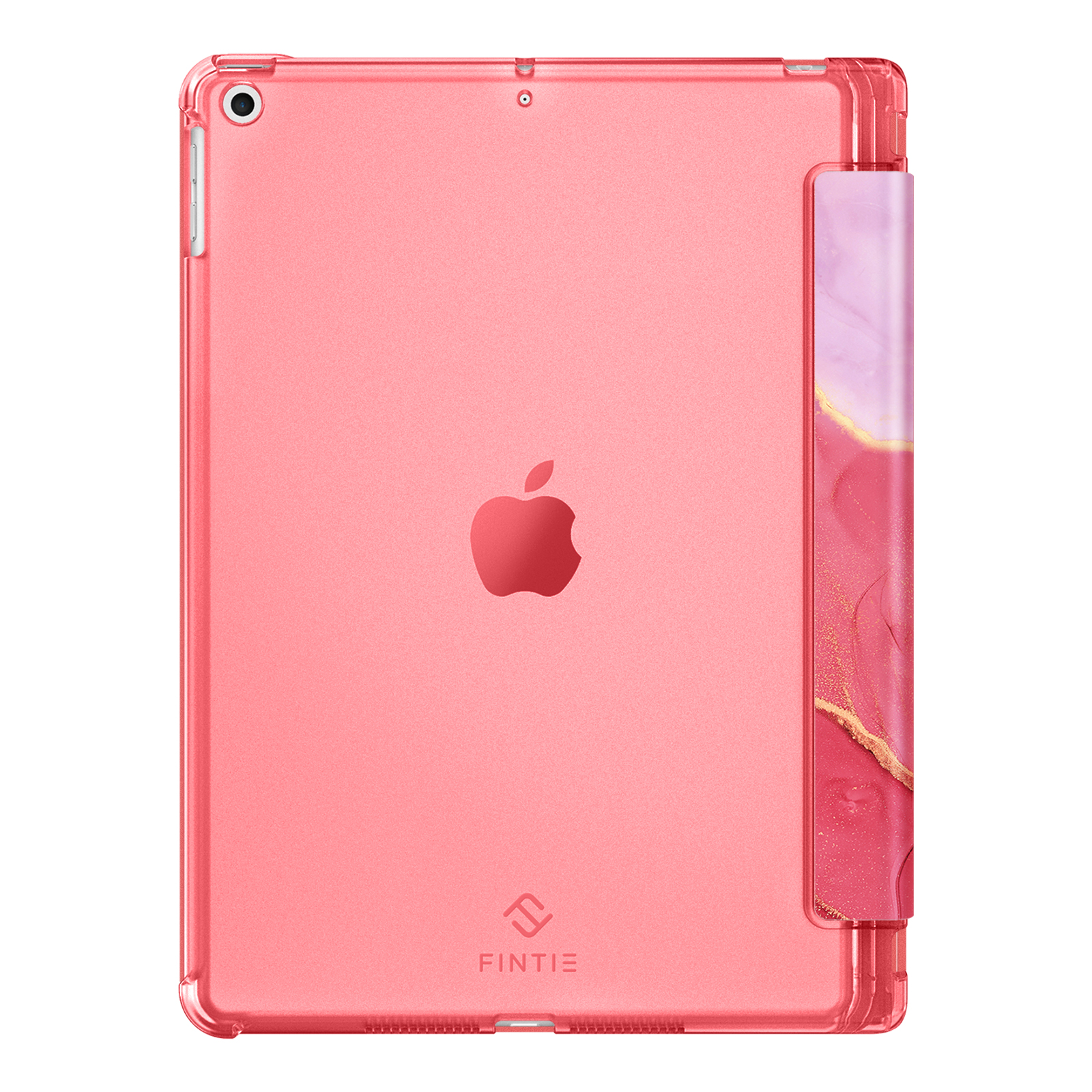 Rosa iPad in einer transparenten Hülle mit gemustertem Cover. Apple-Logo zentriert. Hülle klar, Fintie-Logo.