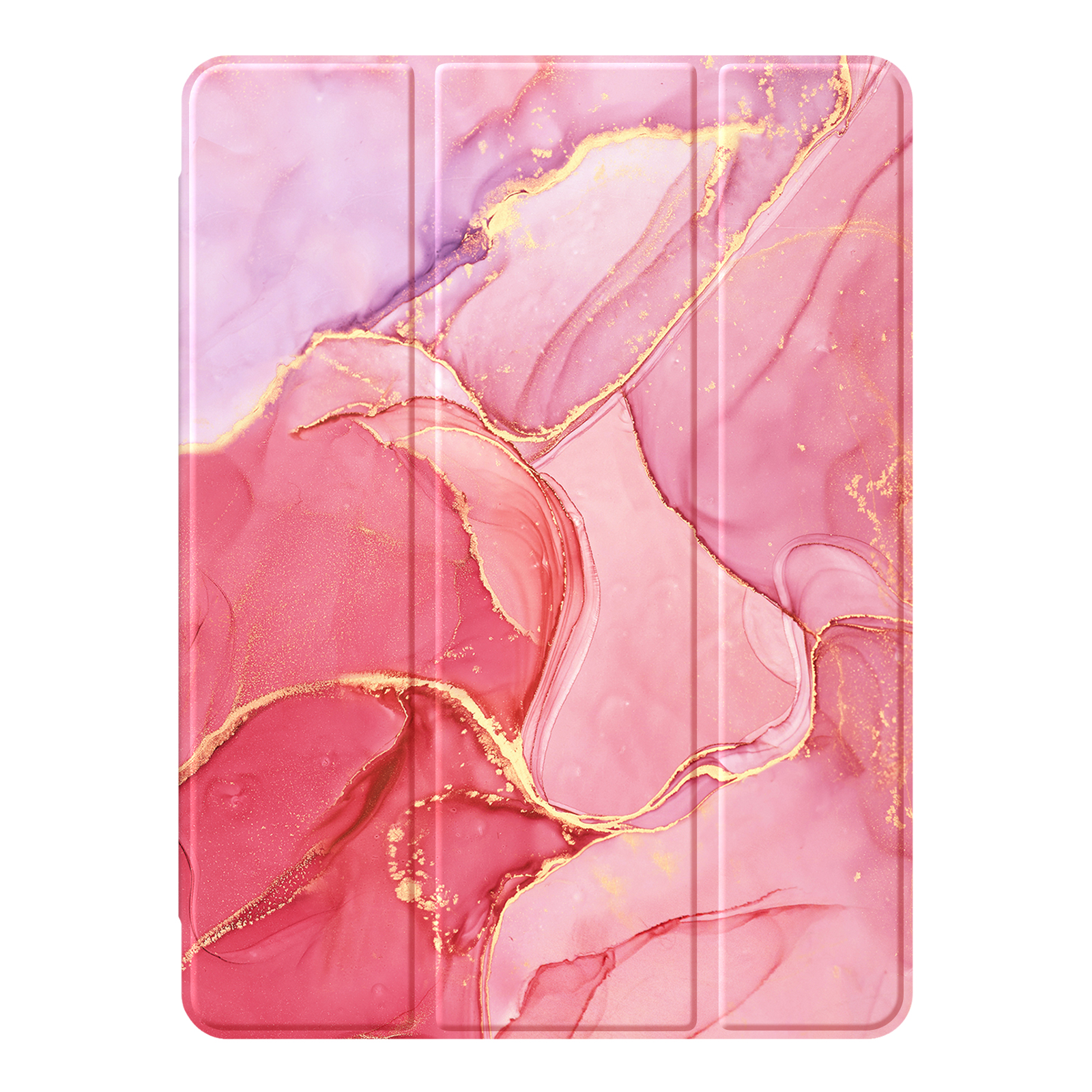 Eine rosa-gold marmorierte Tablethülle mit vertikalen Linien. Die Farben verschmelzen mit einem fließenden Kunstdesign auf weißem Hintergrund.