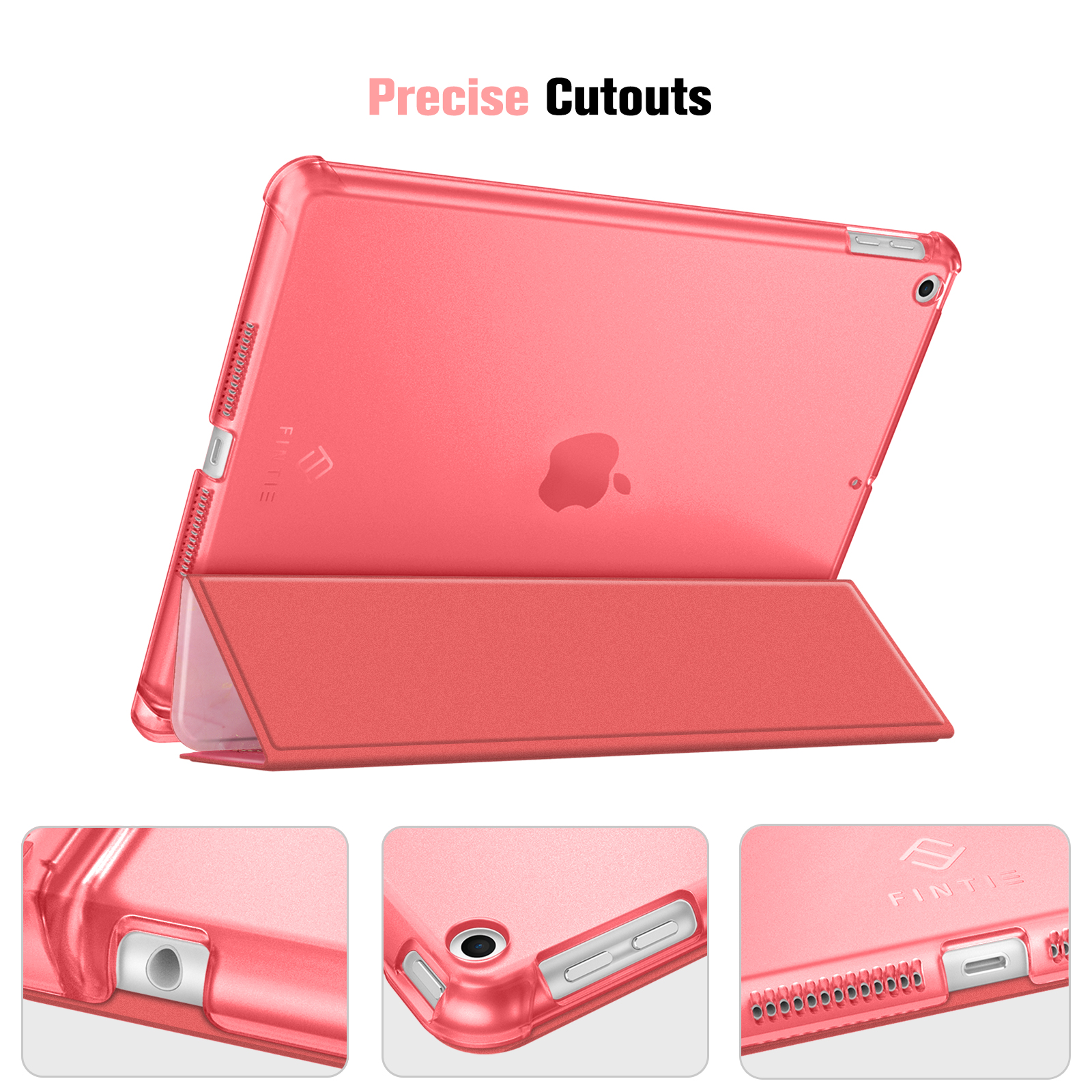 Ein korallenfarbenes iPad in einer transparenten Hülle mit passendem Cover. Die Hülle zeigt Aussparungen für Anschlüsse und Tasten.