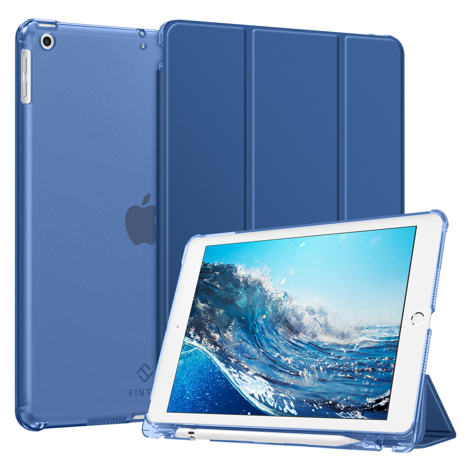 Blaues iPad mit Hülle und Abdeckung. Der Bildschirm zeigt eine Welle. Ein weißer Stift ist befestigt. Der Hintergrund hat zwei iPads.