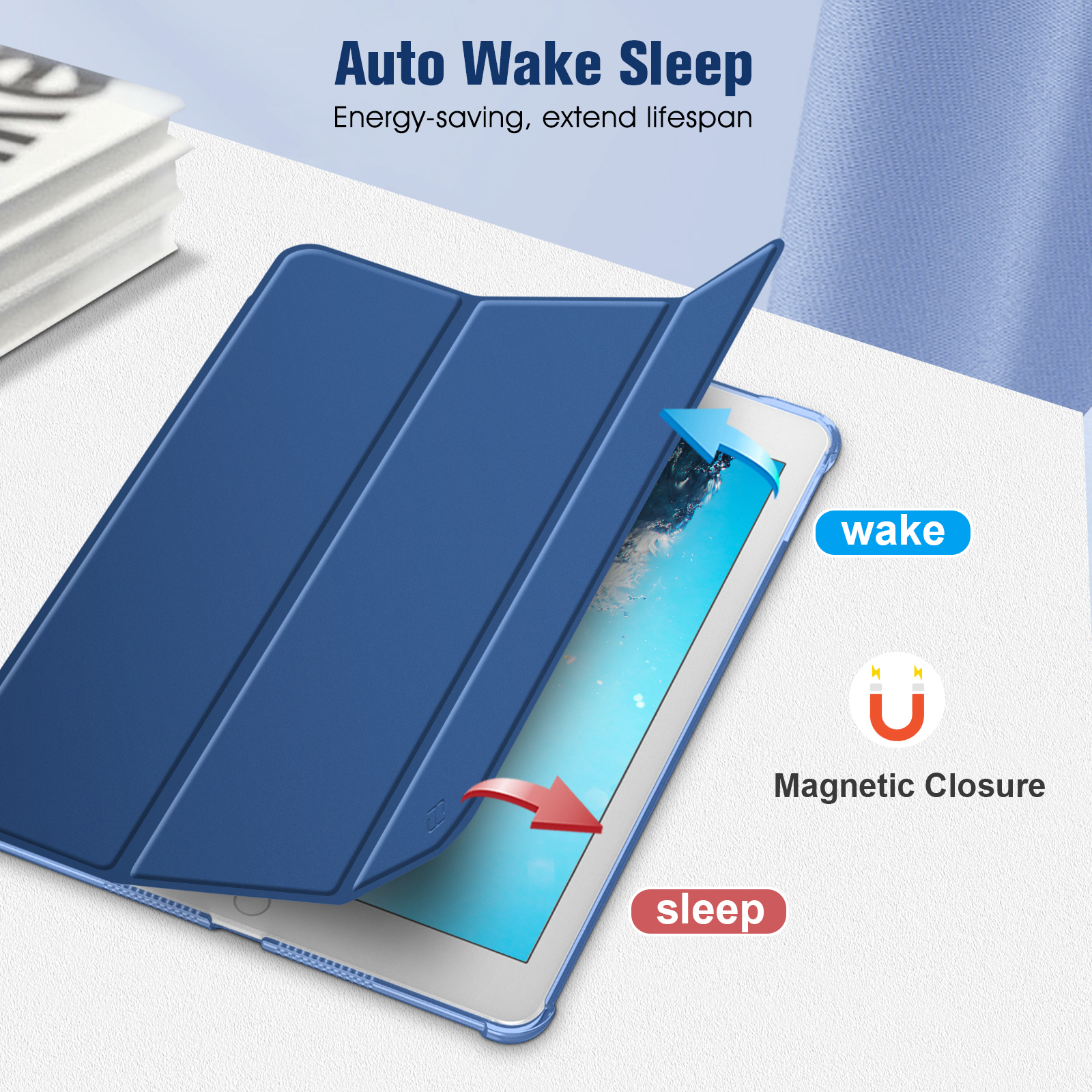 Blaue Tablethülle mit Aufwach-/Schlaffunktion. Text: Auto Wake Sleep. Pfeile zeigen Öffnen/Schließen.