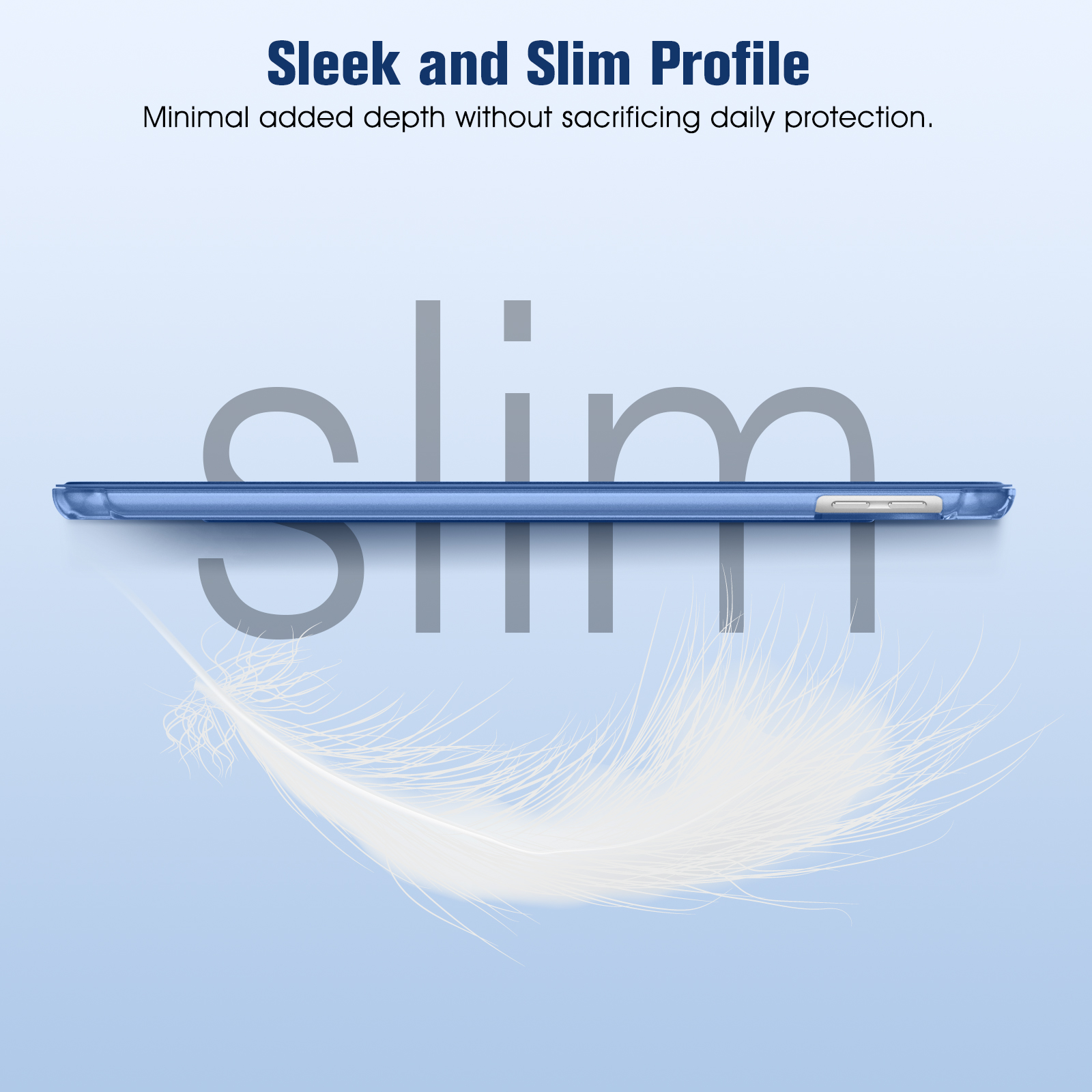 Blaue Handyhülle auf hellblauem Hintergrund. Text 'Sleek and Slim Profile'. Weiße Federgrafik unten.