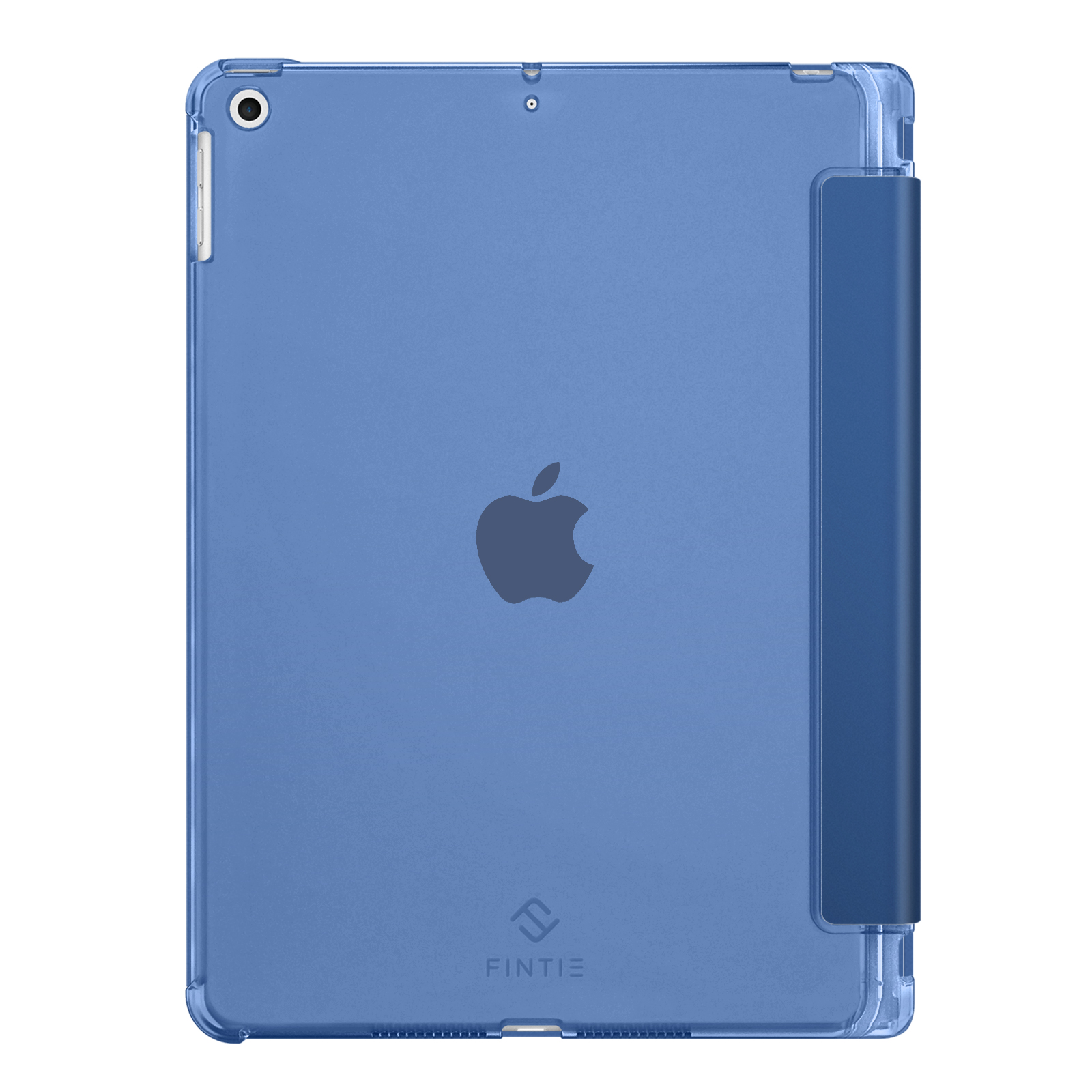 Blaues iPad in einer durchsichtigen Hülle. Apple-Logo sichtbar. Fintie-Logo unten.