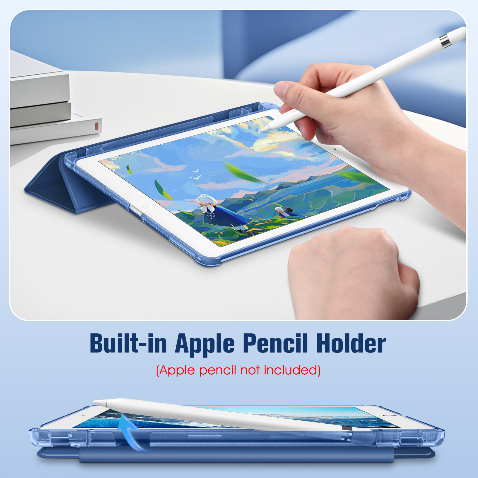 Ein iPad in einer blauen Hülle, mit einer Hand, die einen weißen Apple Pencil benutzt. Der Text unten lautet 'Built-in Apple Pencil Holder'.