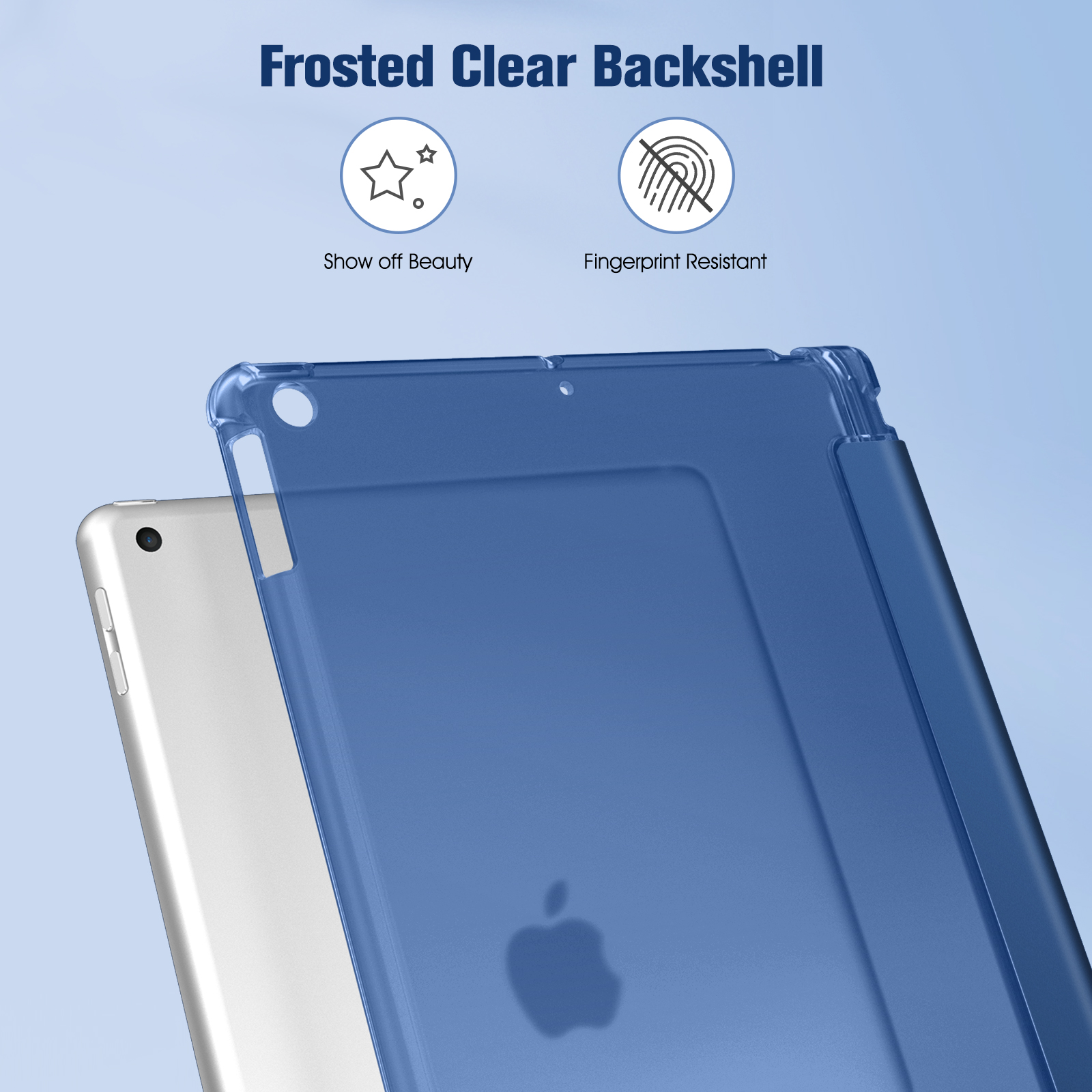 Eine blaue, durchscheinende Handyhülle überlagert ein silbernes Tablet. Der Text lautet 'Frosted Clear Backshell' mit den unten aufgeführten Funktionen.