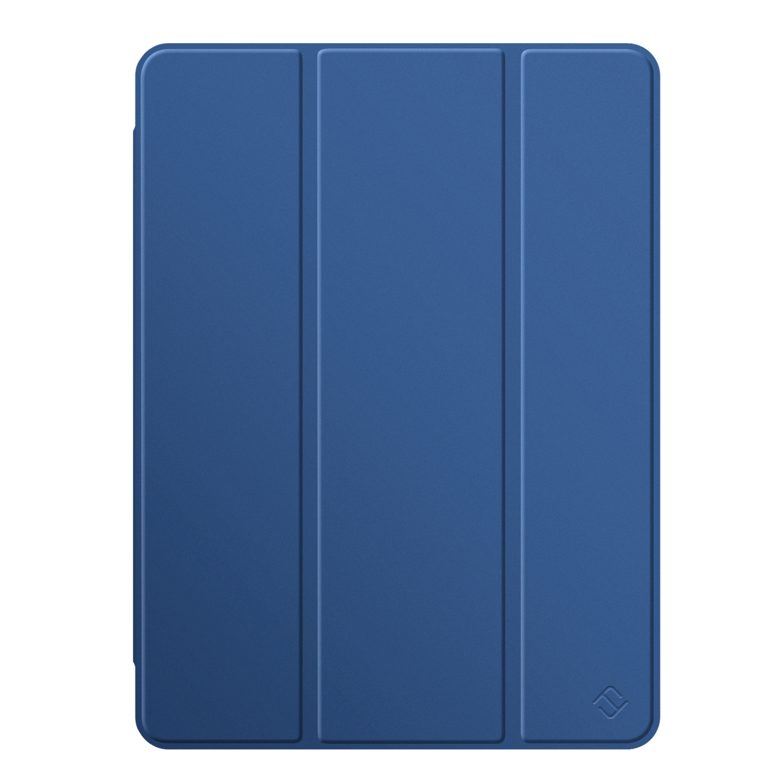 Eine blaue Tablet-Hülle mit drei Abschnitten, gefaltet. Die Hülle hat eine strukturierte Oberfläche. Ein kleines Logo ist unten rechts sichtbar.