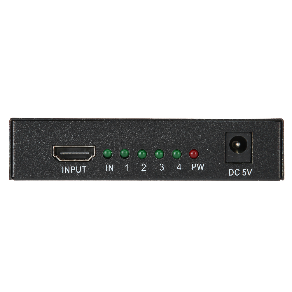 Schwarzer HDMI-Umschalter mit Eingangs- und DC-5V-Anschlüssen. Grüne und rote Kontrollleuchten. Eingang beschriftet, mit nummerierten Eingängen 1-4.