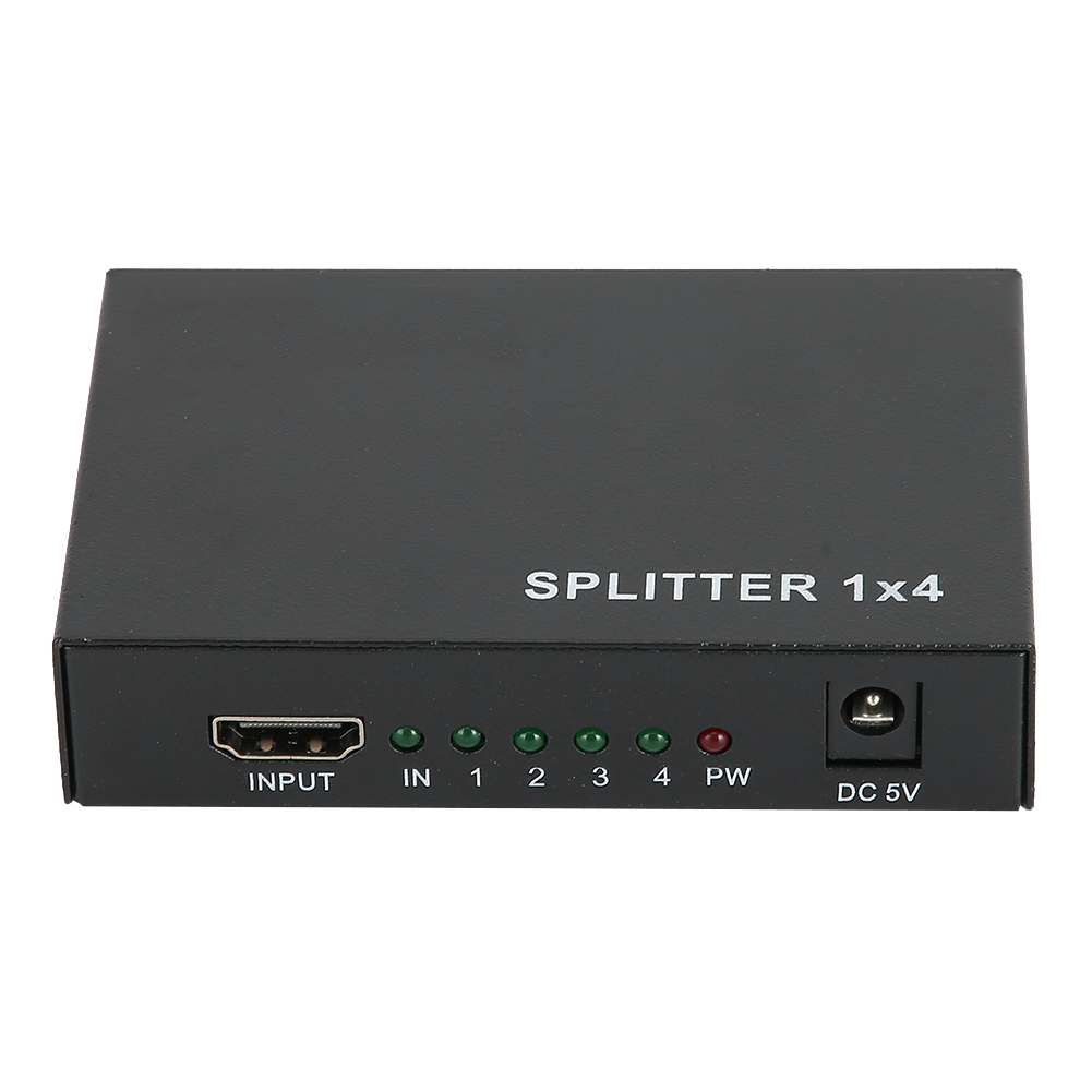 Schwarzer HDMI-Splitter mit Eingangs- und Ausgangsanschlüssen. Beschriftet mit 'SPLITTER 1x4'. Hat Kontrollleuchten und einen DC 5V-Stromanschluss.