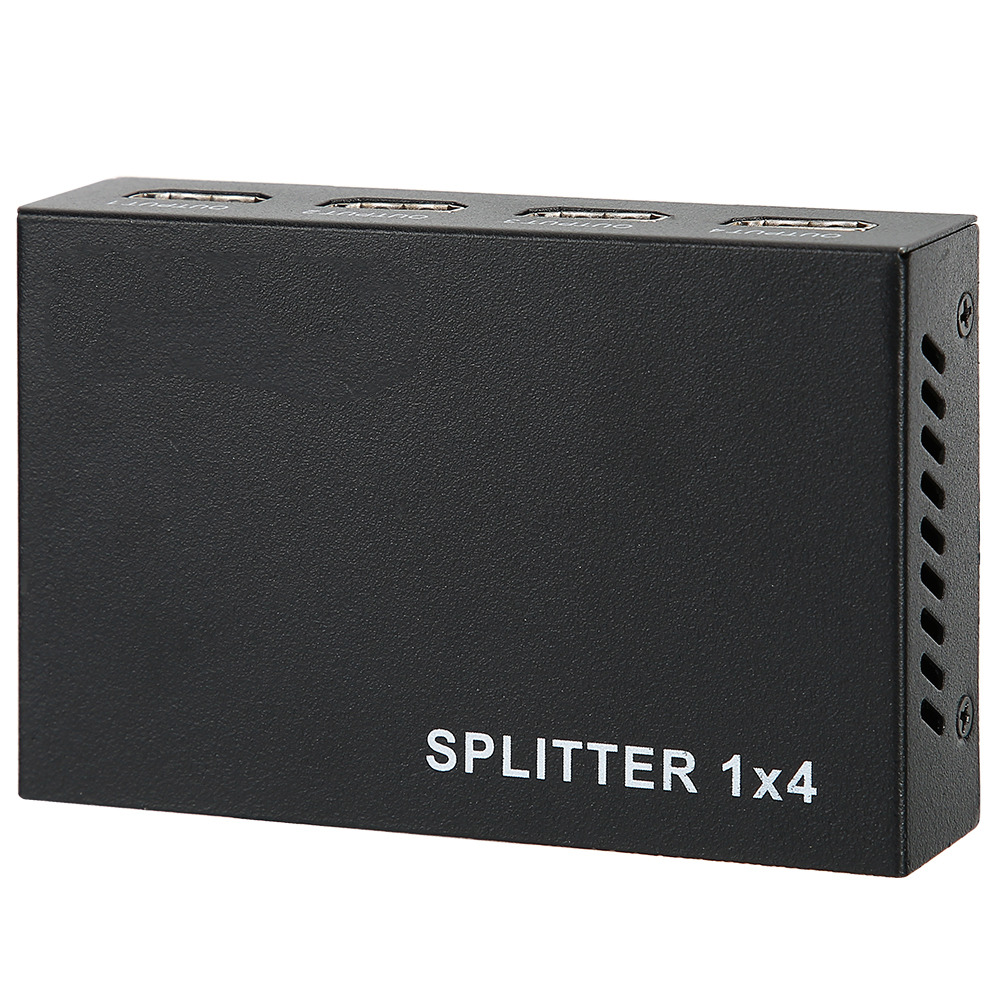 Schwarzer HDMI-Splitter 1x4. Hat vier Ausgangsanschlüsse oben und Text 'SPLITTER 1x4' auf der Vorderseite. Die Seite hat Belüftungslöcher.