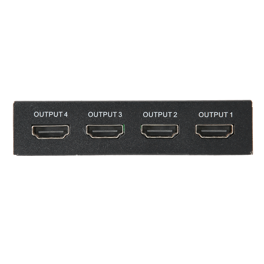 Ein schwarzer HDMI-Splitter mit vier Ausgangsanschlüssen, beschriftet mit 1-4. Die Anschlüsse sind silberfarben, das Gerät steht vor weißem Hintergrund.