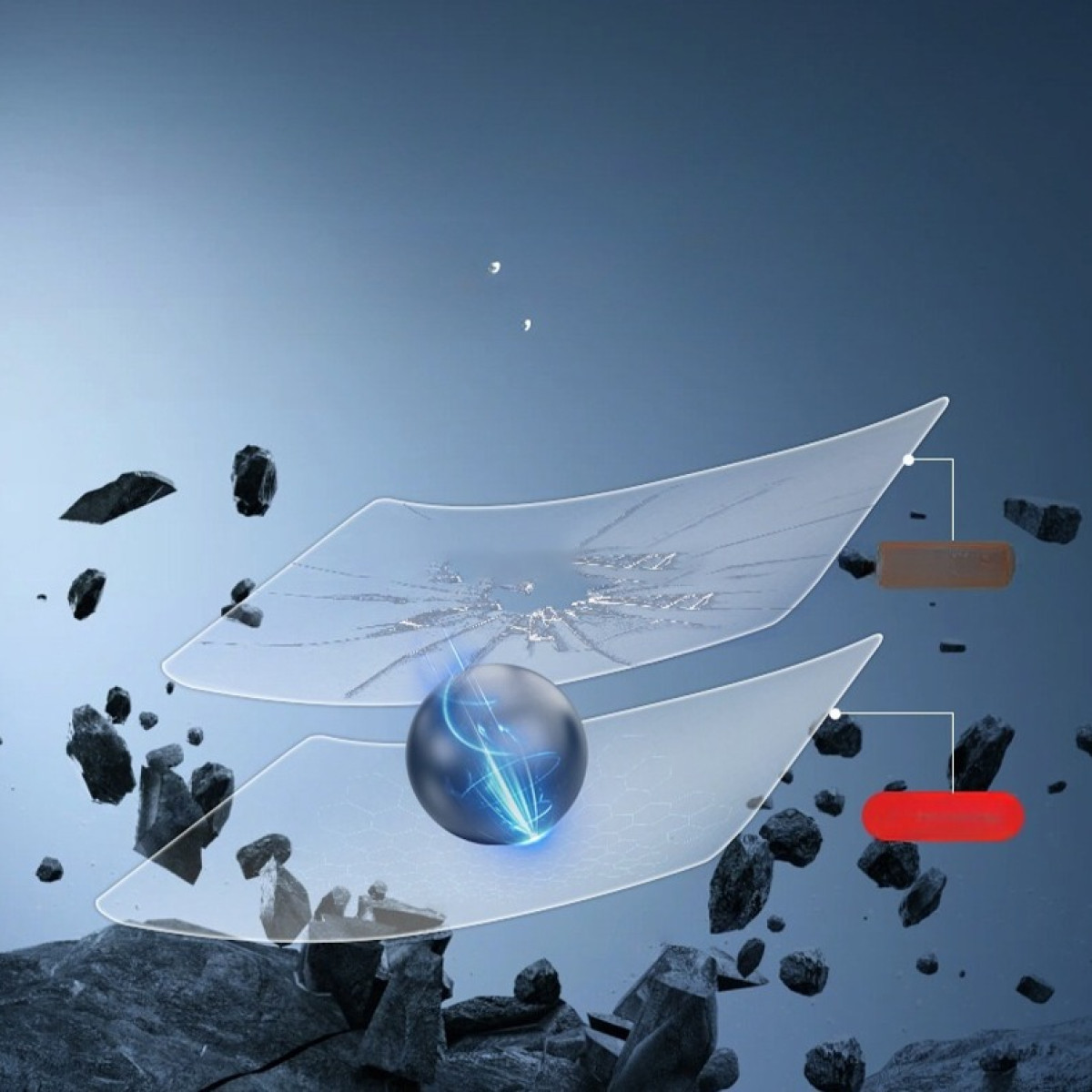 Immagine astratta: Strati di vetro rotto con una sfera blu che emette energia, circondata da rocce fluttuanti e collegata a rettangoli colorati.