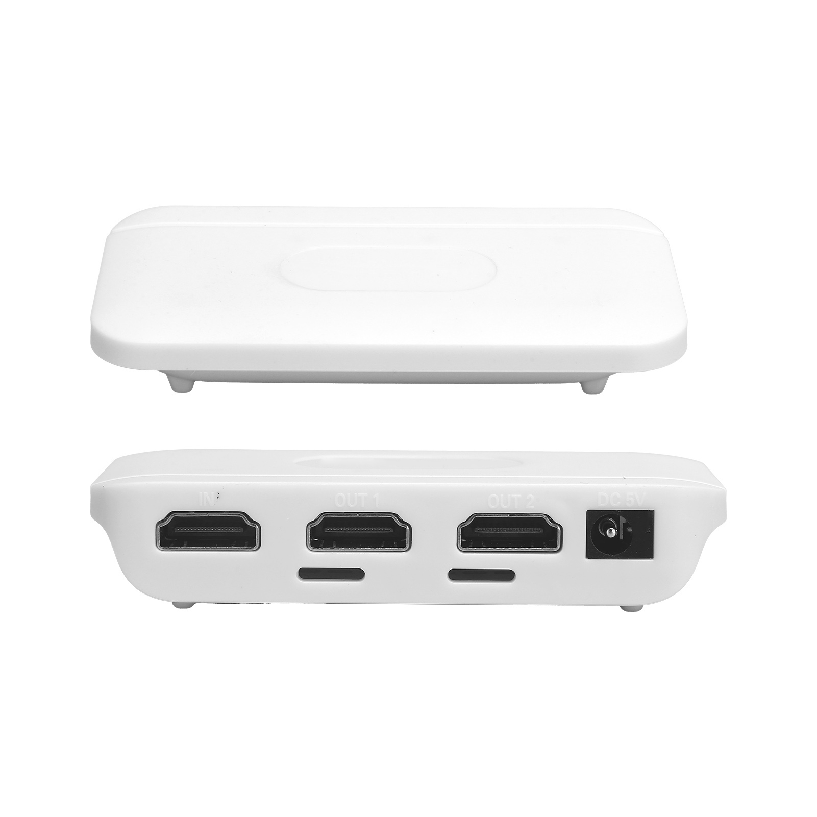 Weißer HDMI-Splitter mit zwei Teilen. Der obere Teil ist ein Deckel. Der untere Teil hat HDMI-Anschlüsse und einen DC-5V-Anschluss.