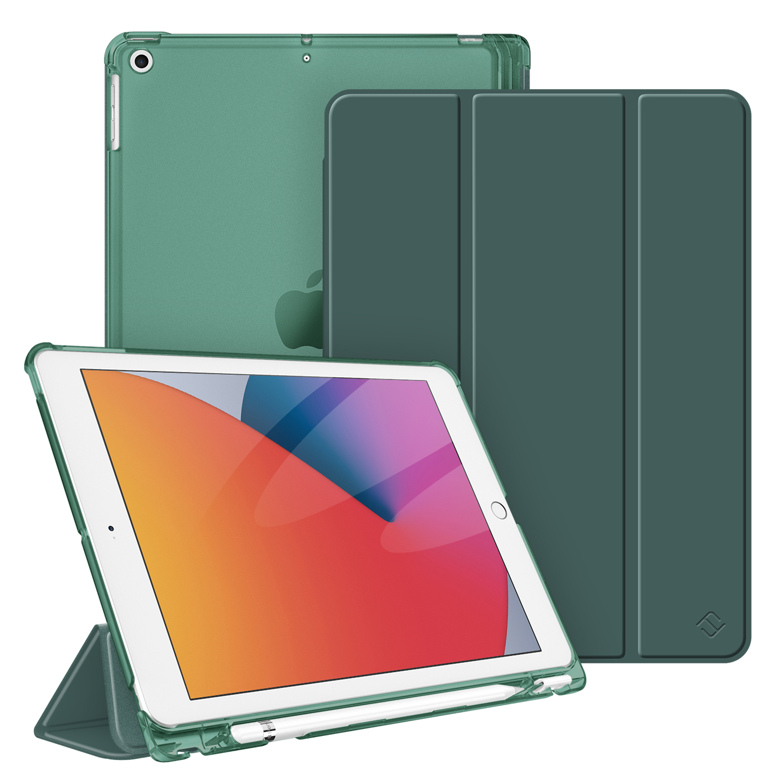 Grünes iPad mit durchsichtiger Hülle, einer Abdeckung und einem Stift. Der Bildschirm zeigt farbenfrohe Grafiken.