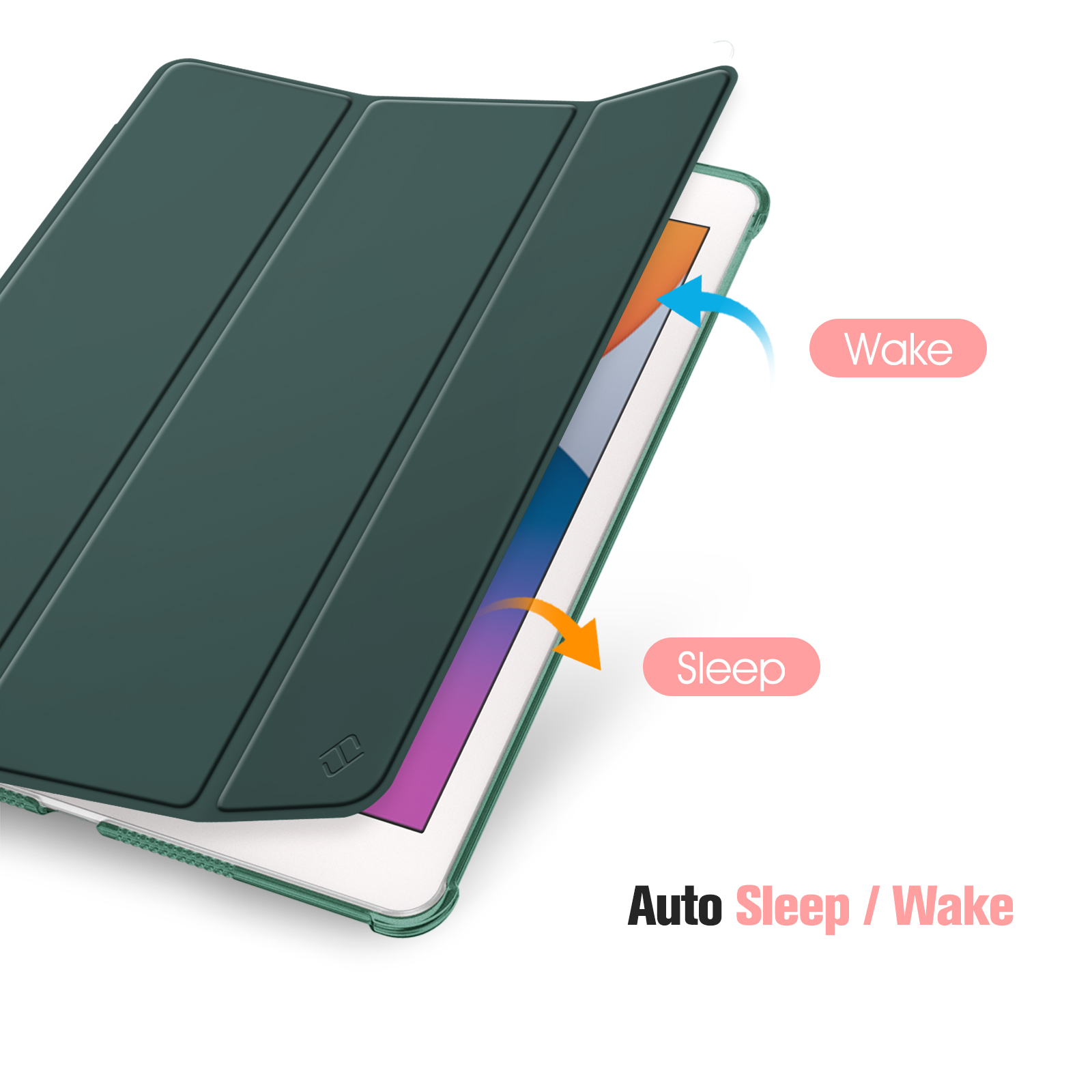 Grüne Tablet-Hülle mit offenem Deckel, zeigt Tablet-Bildschirm. Pfeile zeigen auf 'Wake' und 'Sleep'. Text: 'Auto Sleep/Wake'.