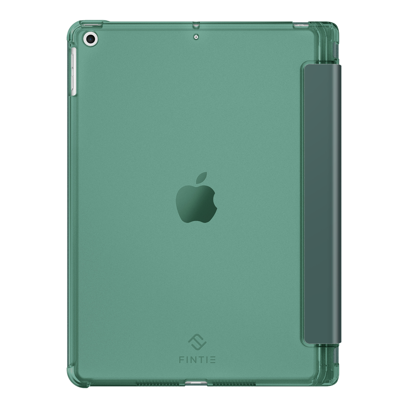 Grünes iPad in einer Hülle, Apple-Logo in der Mitte, Kamera oben links und eine Abdeckung auf der rechten Seite, Marke Fintie.