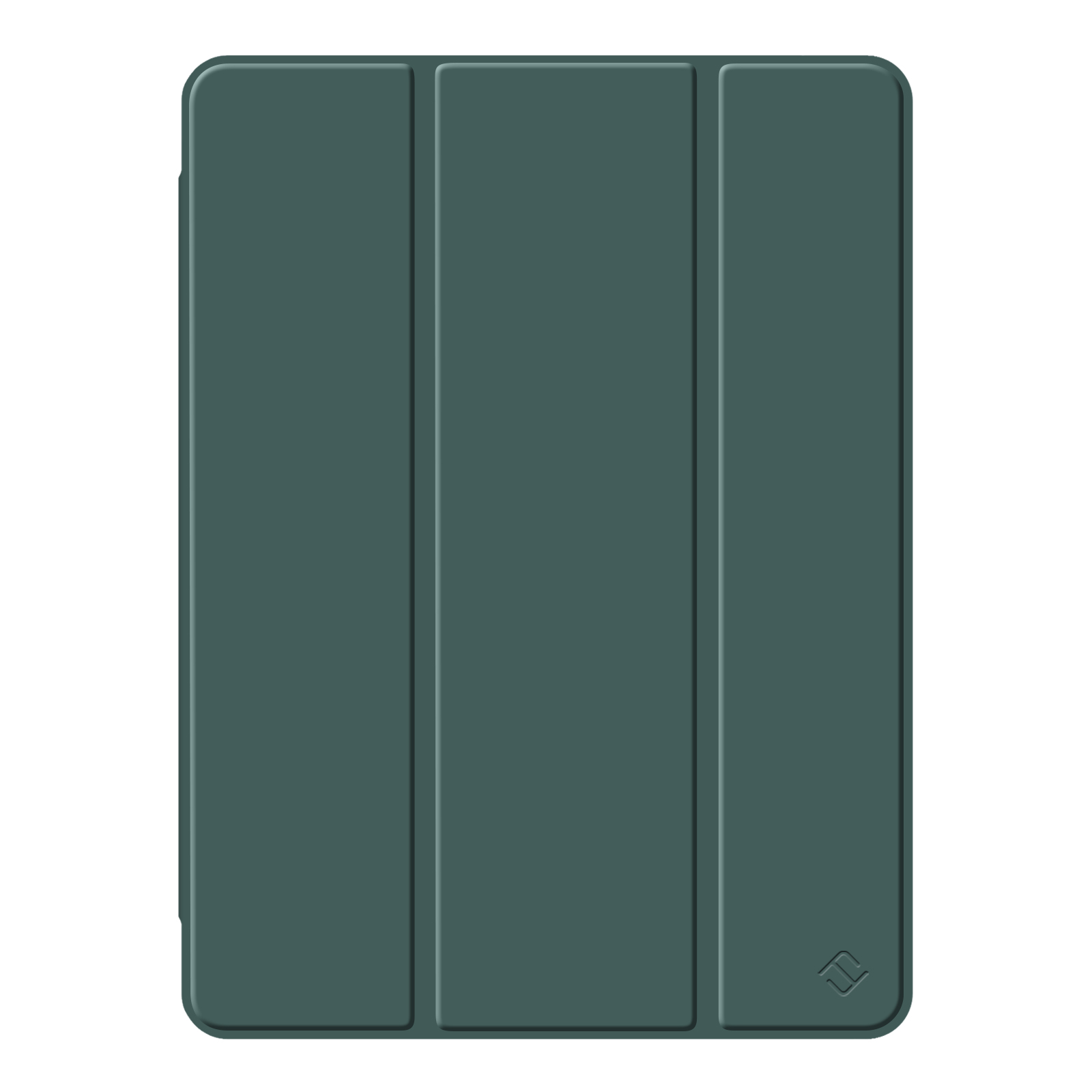 Eine teal Tablet-Hülle mit drei Faltbereichen. Die Hülle hat ein subtiles Logo in der unteren rechten Ecke, alles auf weißem Hintergrund.