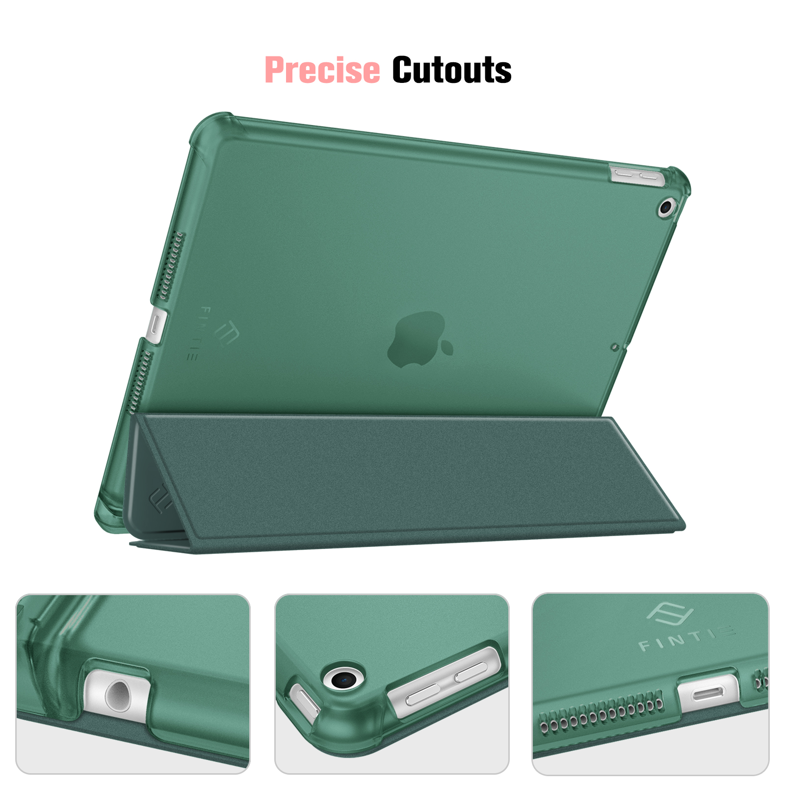 Grünes iPad in einer Schutzhülle. Präzise Aussparungen sind vorhanden. Die Hülle hat einen faltbaren Ständer.
