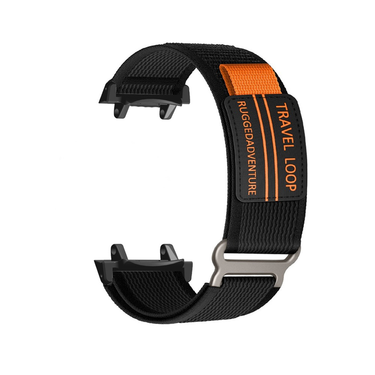 Schwarzes Uhrenarmband mit orangefarbenem Akzent. Steht 'TRAVEL LOOP' und 'RUGGEDADVENTURE'. Enthält Metallschnalle und schwarze Anschlüsse.