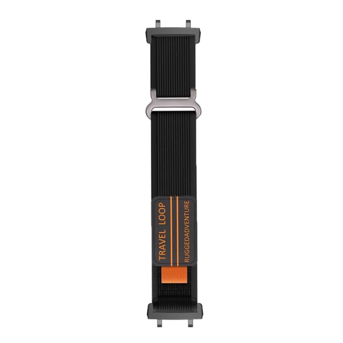 Schwarzes Uhrenarmband mit silberner Schnalle. Oranges Etikett mit Text: TRAVEL LOOP, RUGGEDADVENTURE.