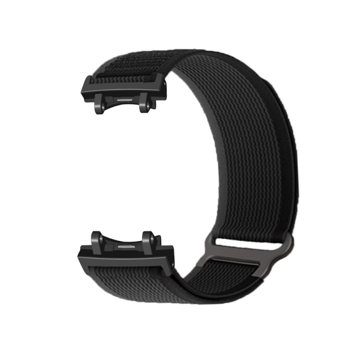 Ein schwarzes Uhrenarmband mit strukturierter Oberfläche. Das Armband hat zwei Anschlüsse und eine Metallschnalle. Der Hintergrund ist weiß.