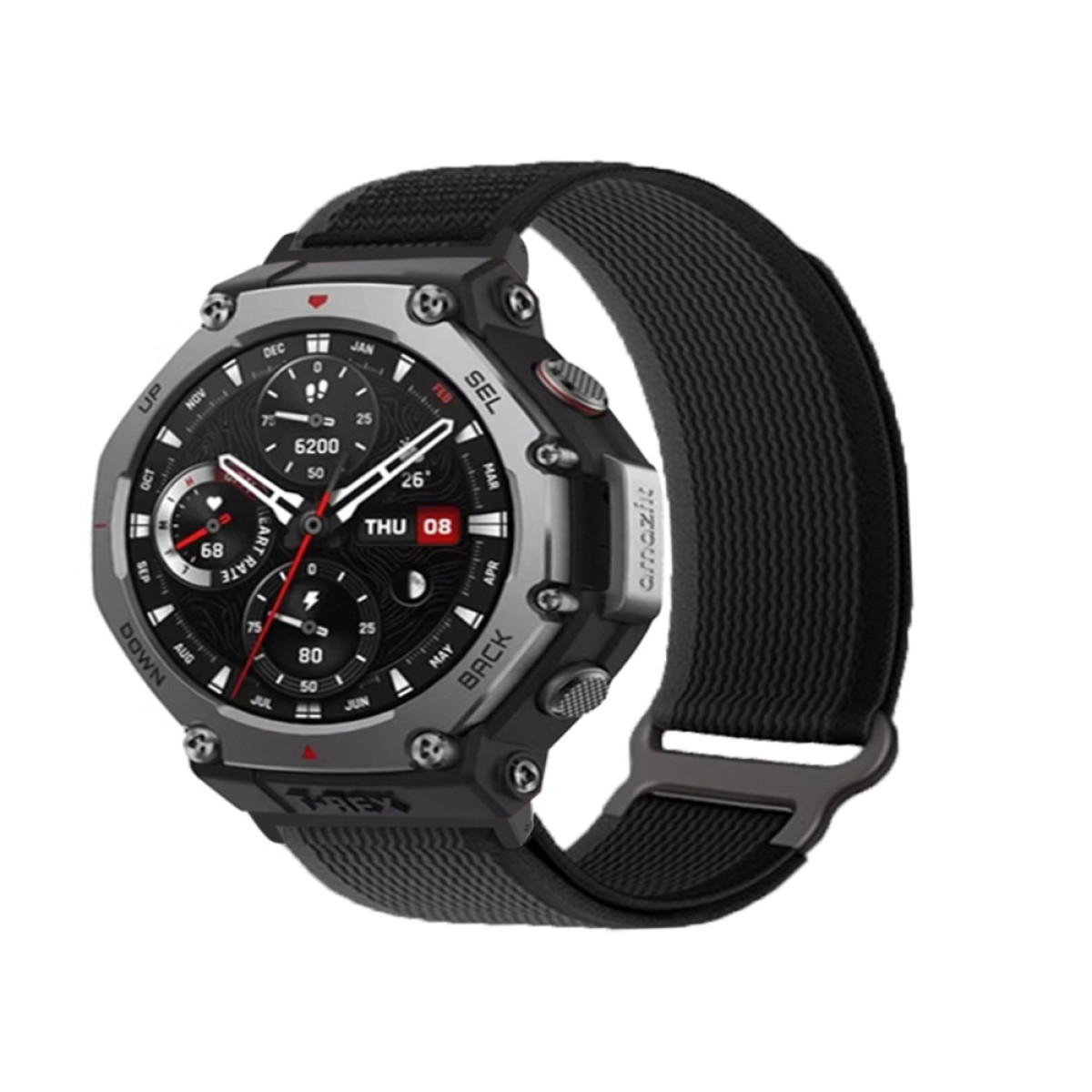 Eine schwarze Amazfit-Smartwatch mit schwarzem Stoffarmband. Das Zifferblatt zeigt Daten an. Der Hintergrund ist weiß.